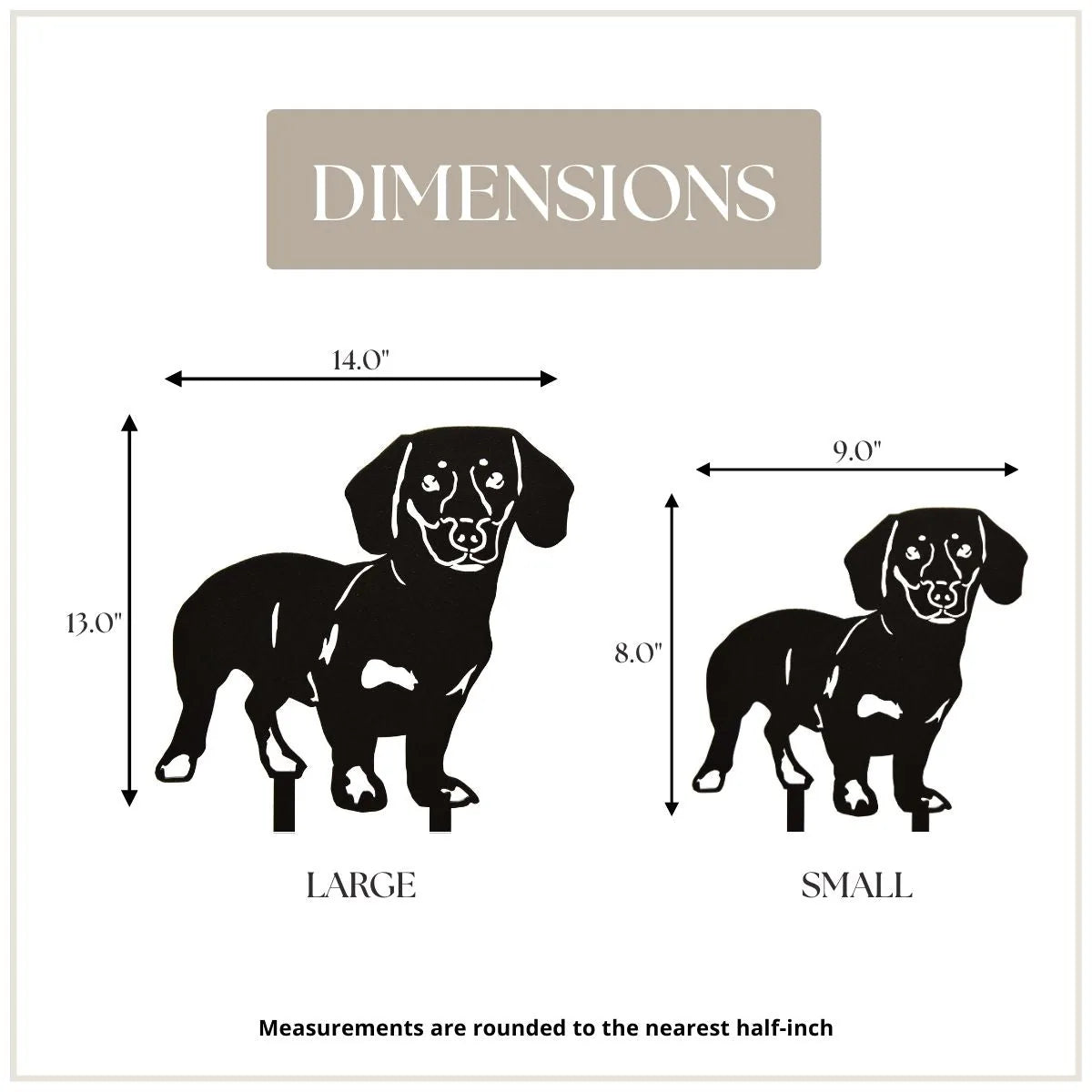 Black metal silhouette dimensions for large and small Dachshund dog breed wall art, showcasing height and width measurements.