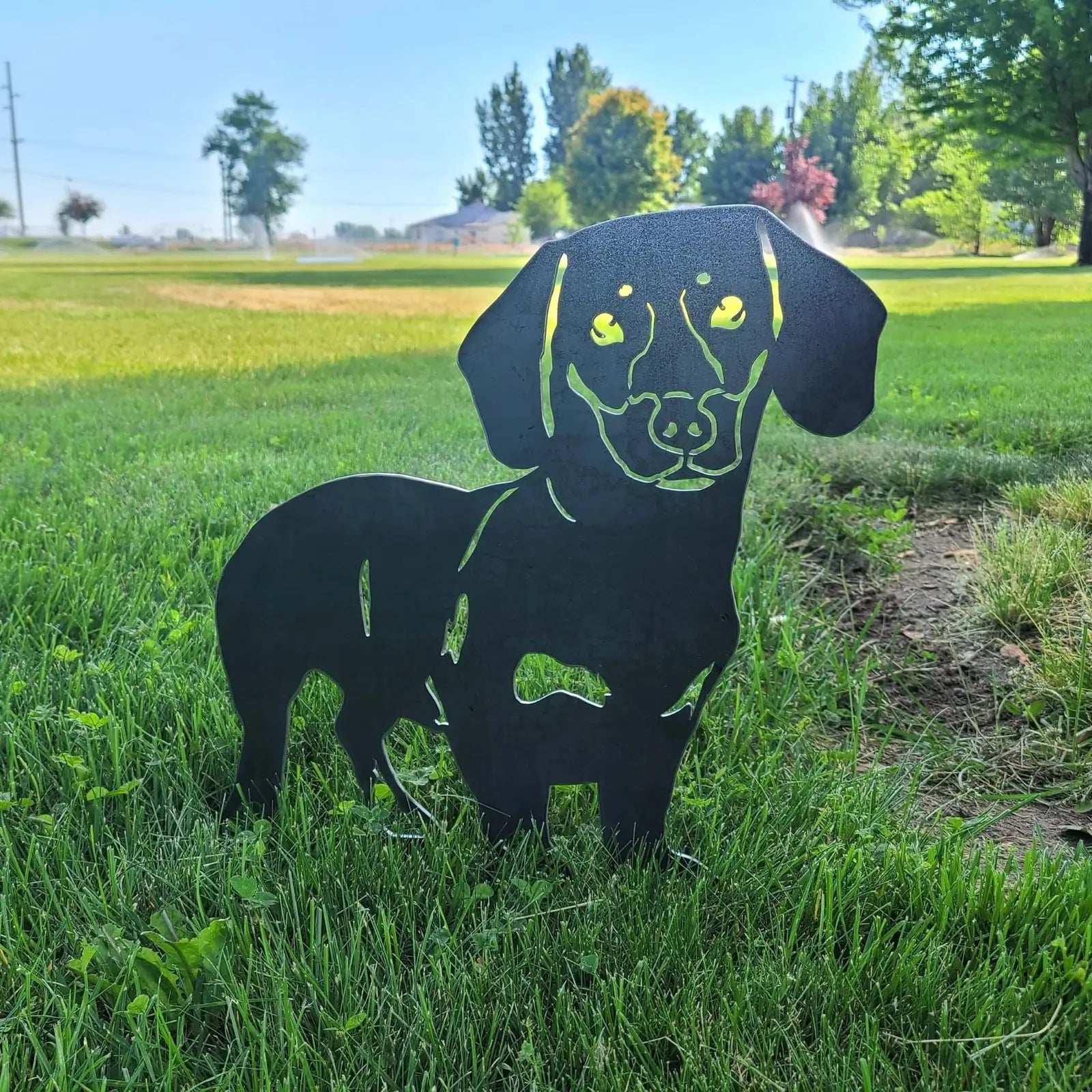 Black metal silhouette of a shorthaired Dachshund, set in grass, showcasing sturdy design for outdoor decor.