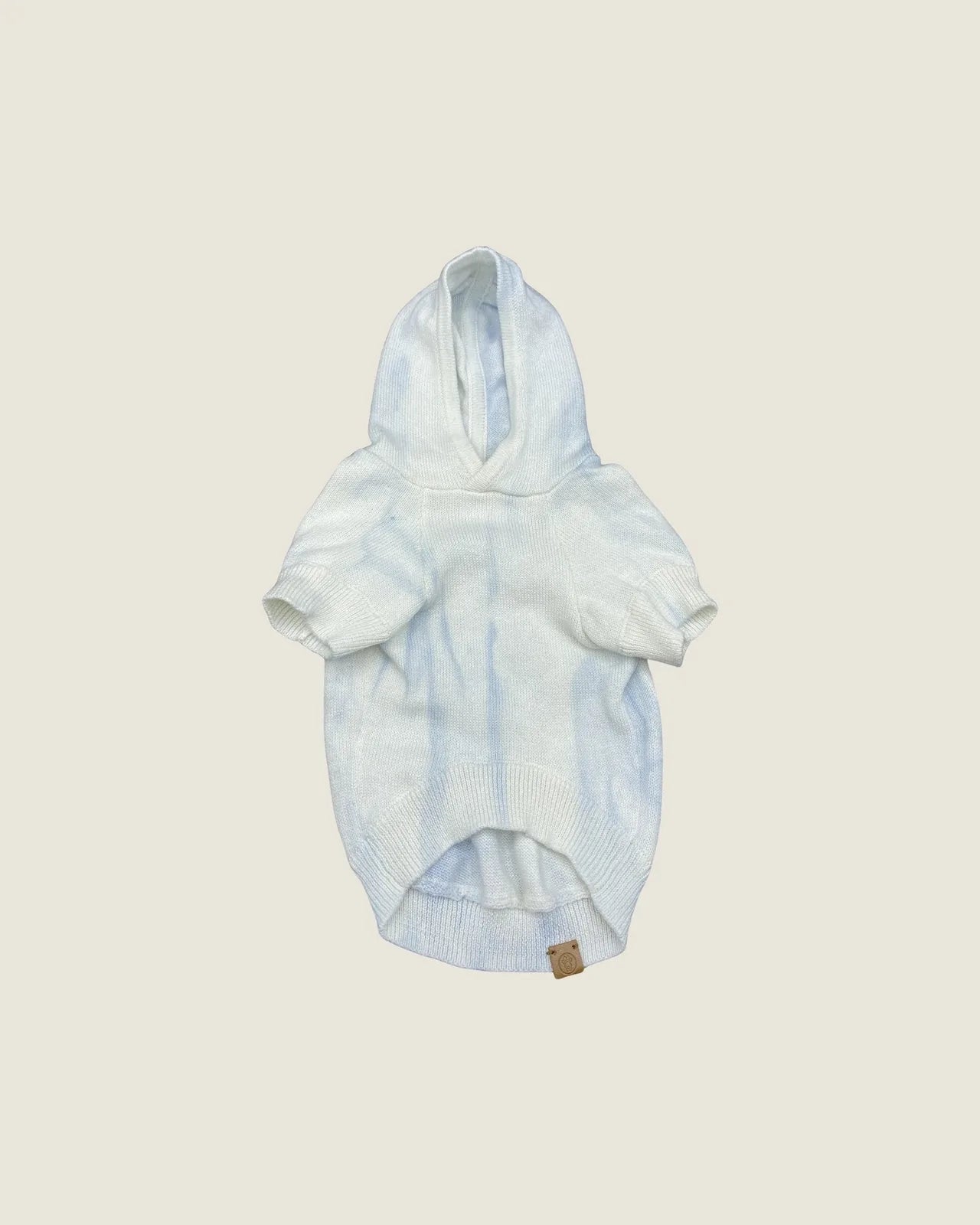 Sky tie-dye hoodie for small to medium dogs, crafted from a soft cotton-blend with knit-finished edges.