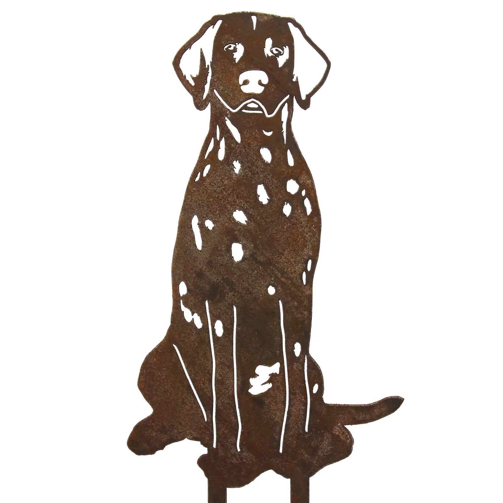 Dalmatian metal silhouette in rust patina, showcasing intricate design for outdoor decor. Perfect for gardens or patios.