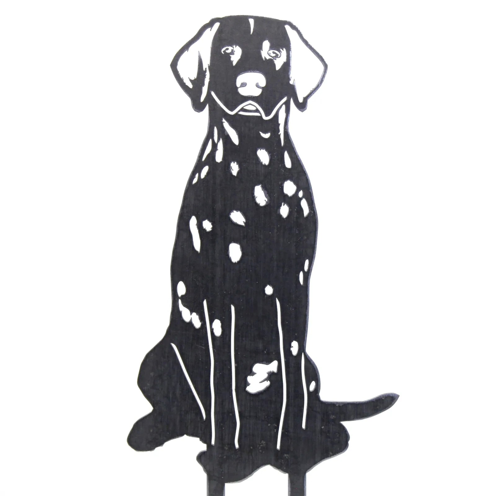 Dalmatian metal silhouette in black, featuring a sitting dog design, ideal for outdoor decor in gardens or yards.
