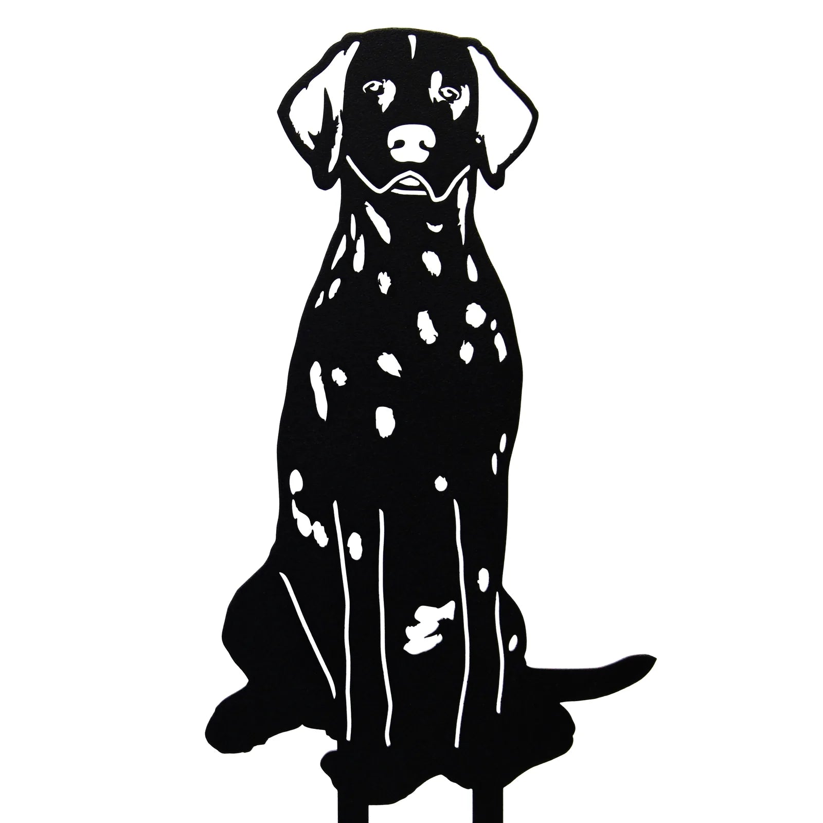 Black Dalmatian metal silhouette featuring intricate details, perfect for outdoor dog decor in gardens or patios.