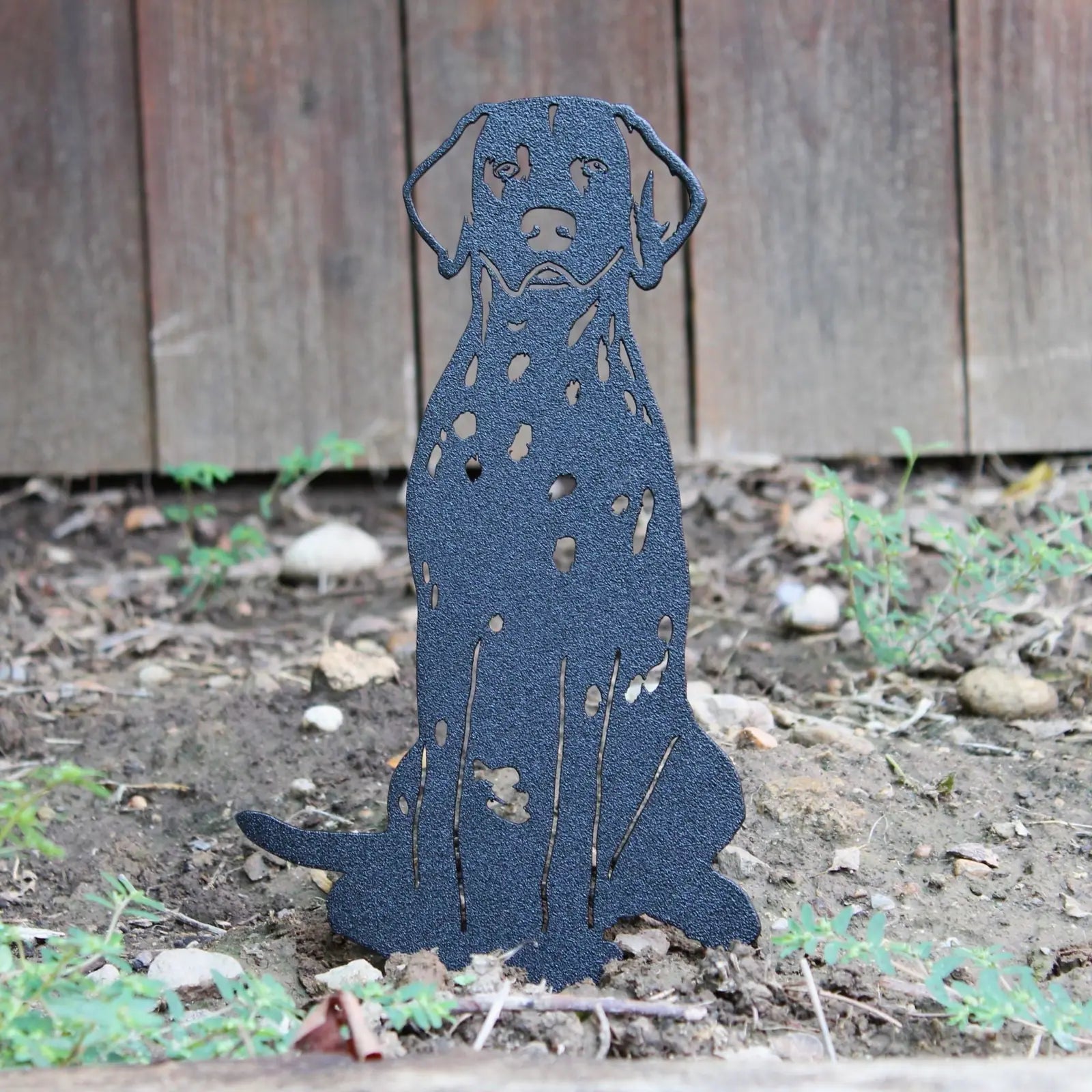Dalmatian metal silhouette in matte black, standing on a textured ground, ideal for outdoor dog decor.