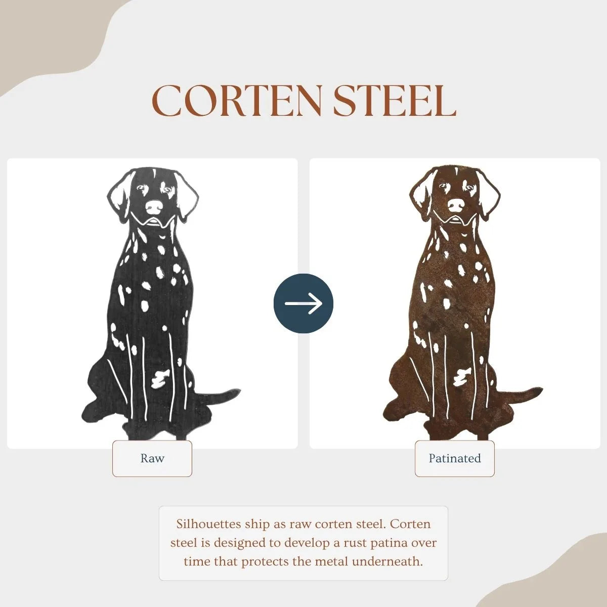 Dalmatian metal silhouette design showcasing two finishes: black and rust patina on Corten steel.