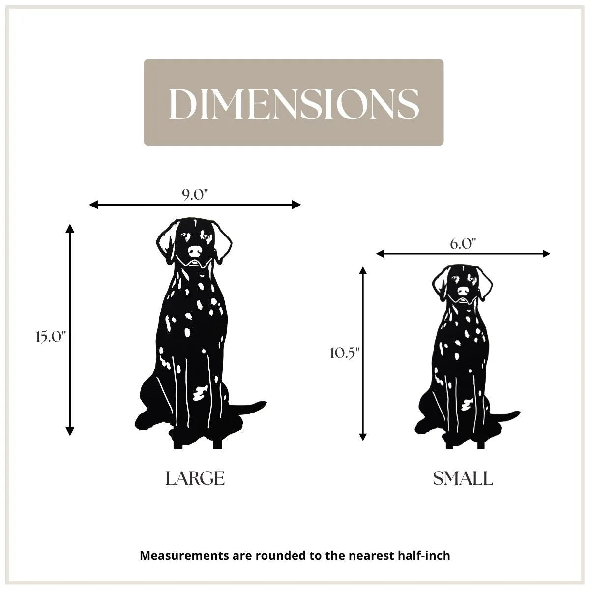 Dalmatian metal silhouette dimensions displayed, showing large (15" x 9") and small (10.5" x 6") sizes in black.