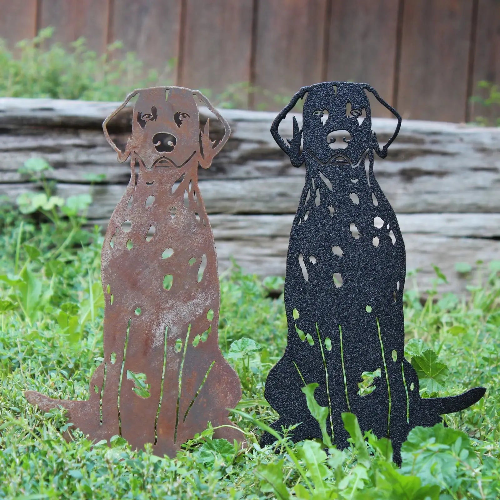 Dalmatian metal silhouette art: one rusted Corten steel and one matte black piece in a grassy outdoor setting.