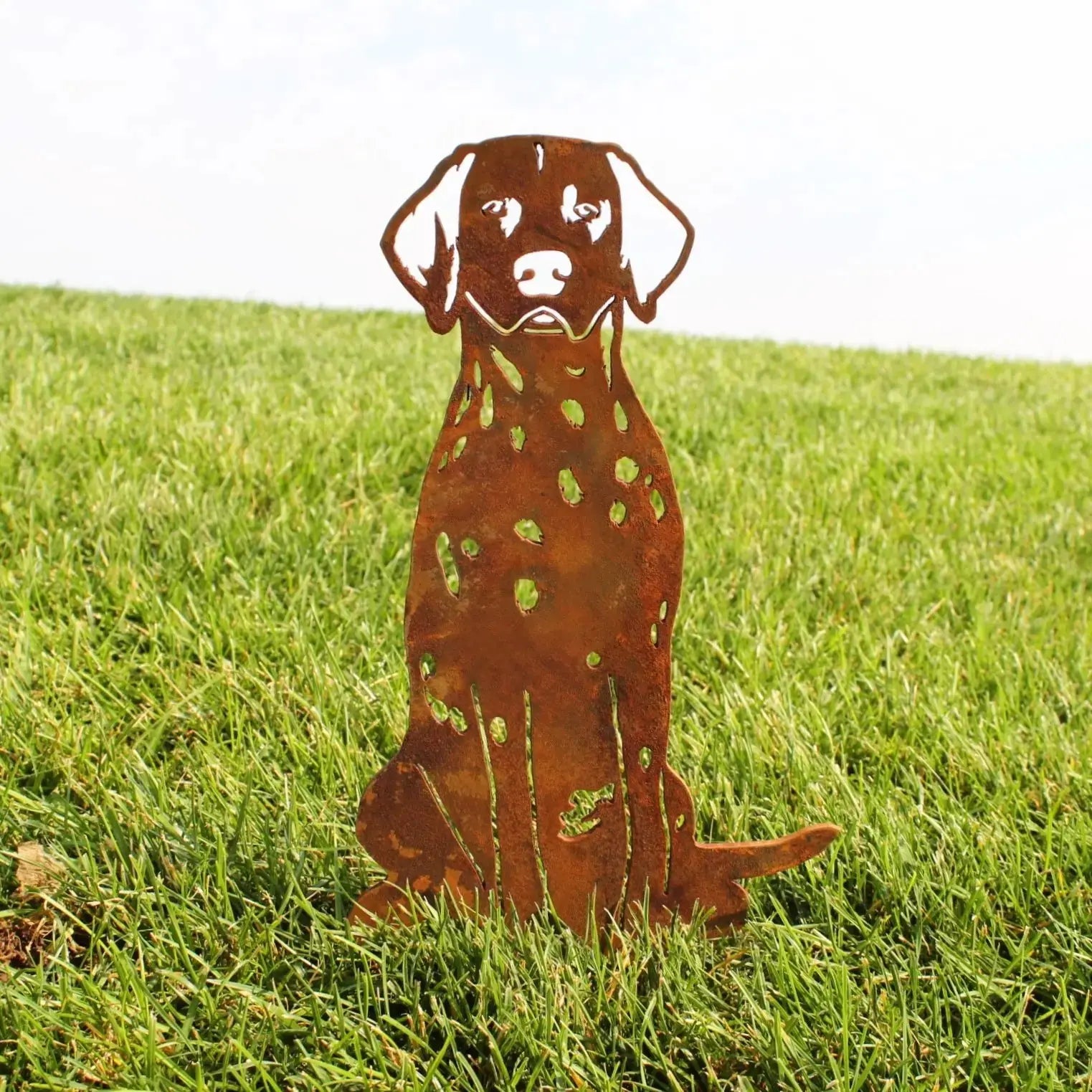 Rusty brown Dalmatian metal silhouette sculpture, sitting on green grass, perfect for outdoor dog decor.