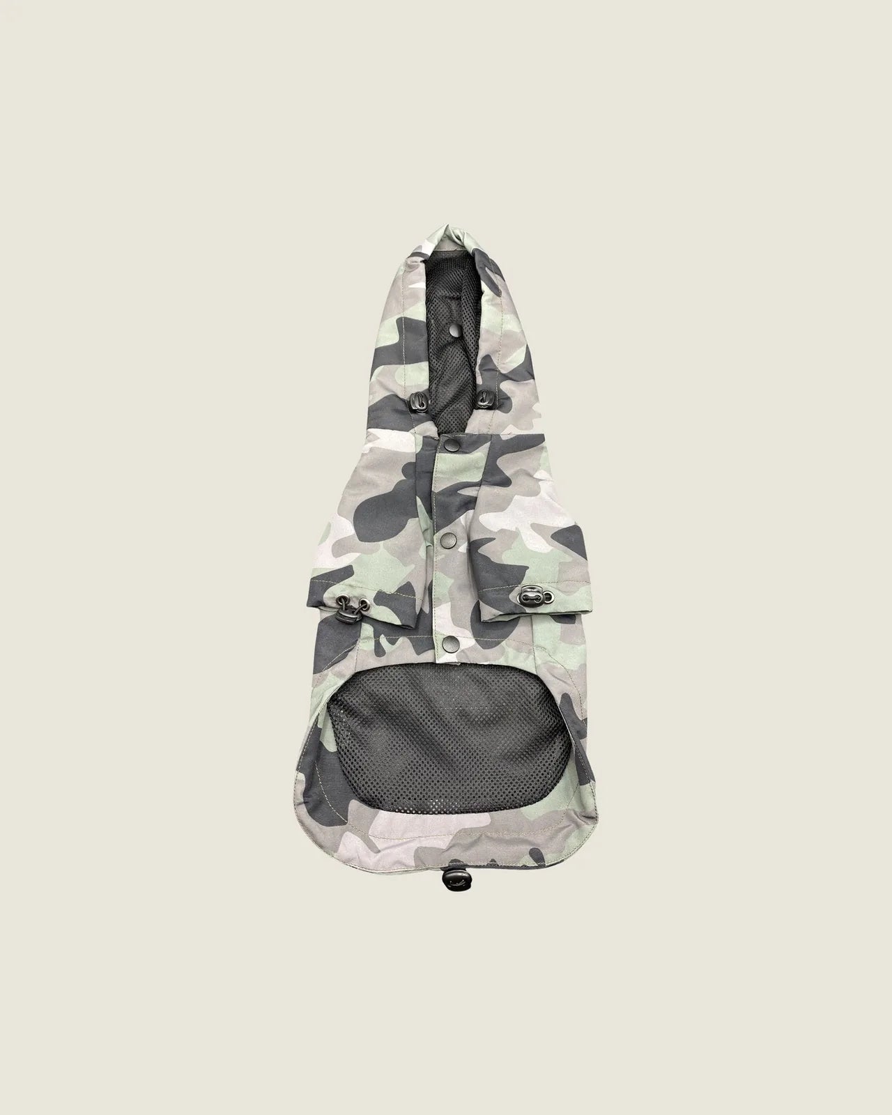 Olive camouflage waterproof dog raincoat with adjustable straps and a breathable mesh lining for comfort.