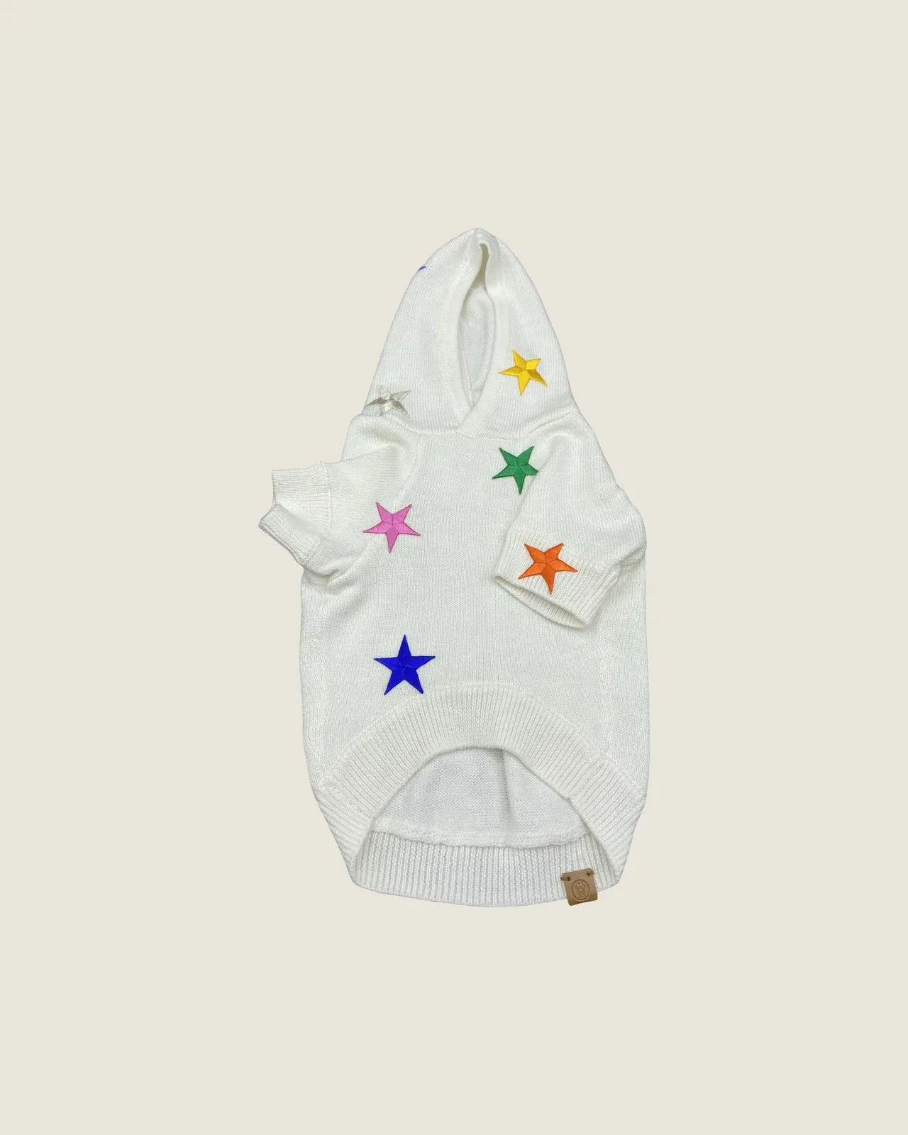 Cozy white dog hoodie featuring colorful star patches in purple, green, pink, orange, and yellow. Perfect for small dogs.