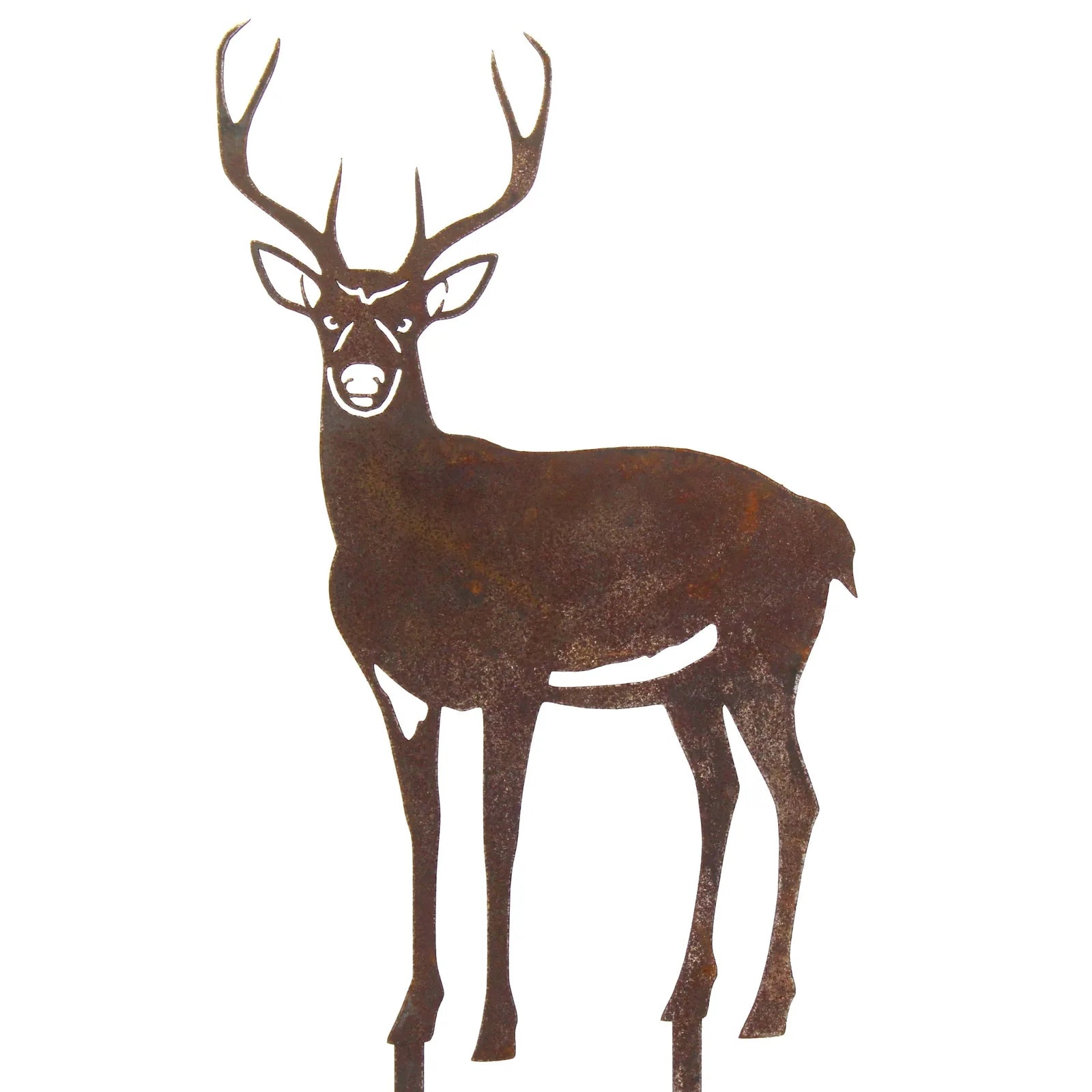 Rustic deer buck silhouette in weathered Corten steel, perfect for outdoor decor in gardens or rustic settings.
