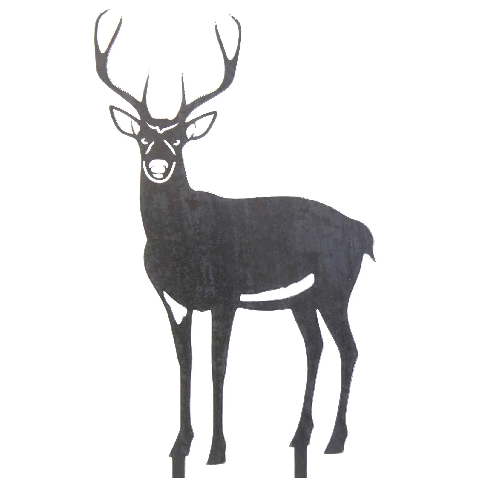 Black metal silhouette of a deer buck with antlers, crafted from sturdy Corten steel for outdoor decor.