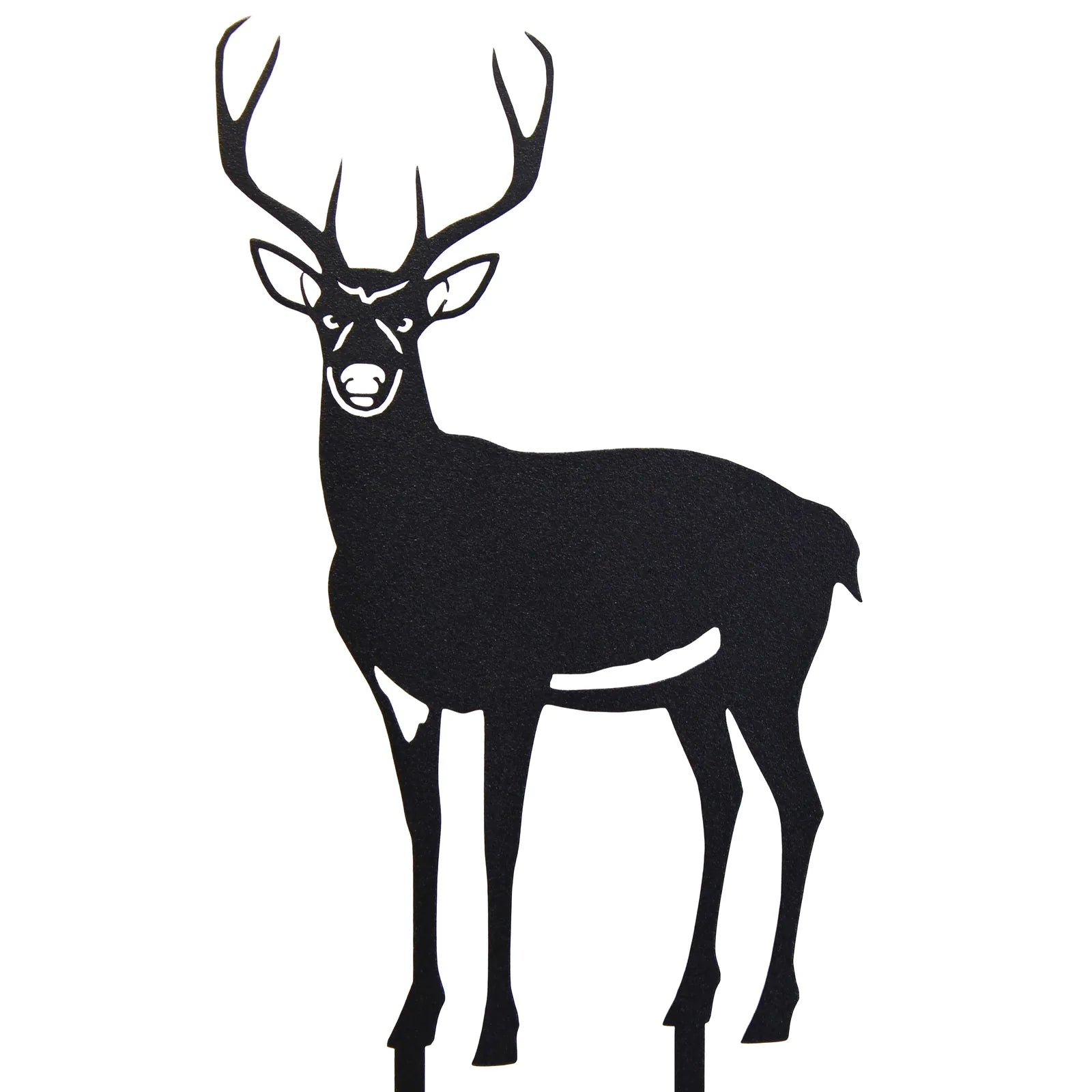 Black metal silhouette of a deer buck with antlers, designed for outdoor decor and garden art.