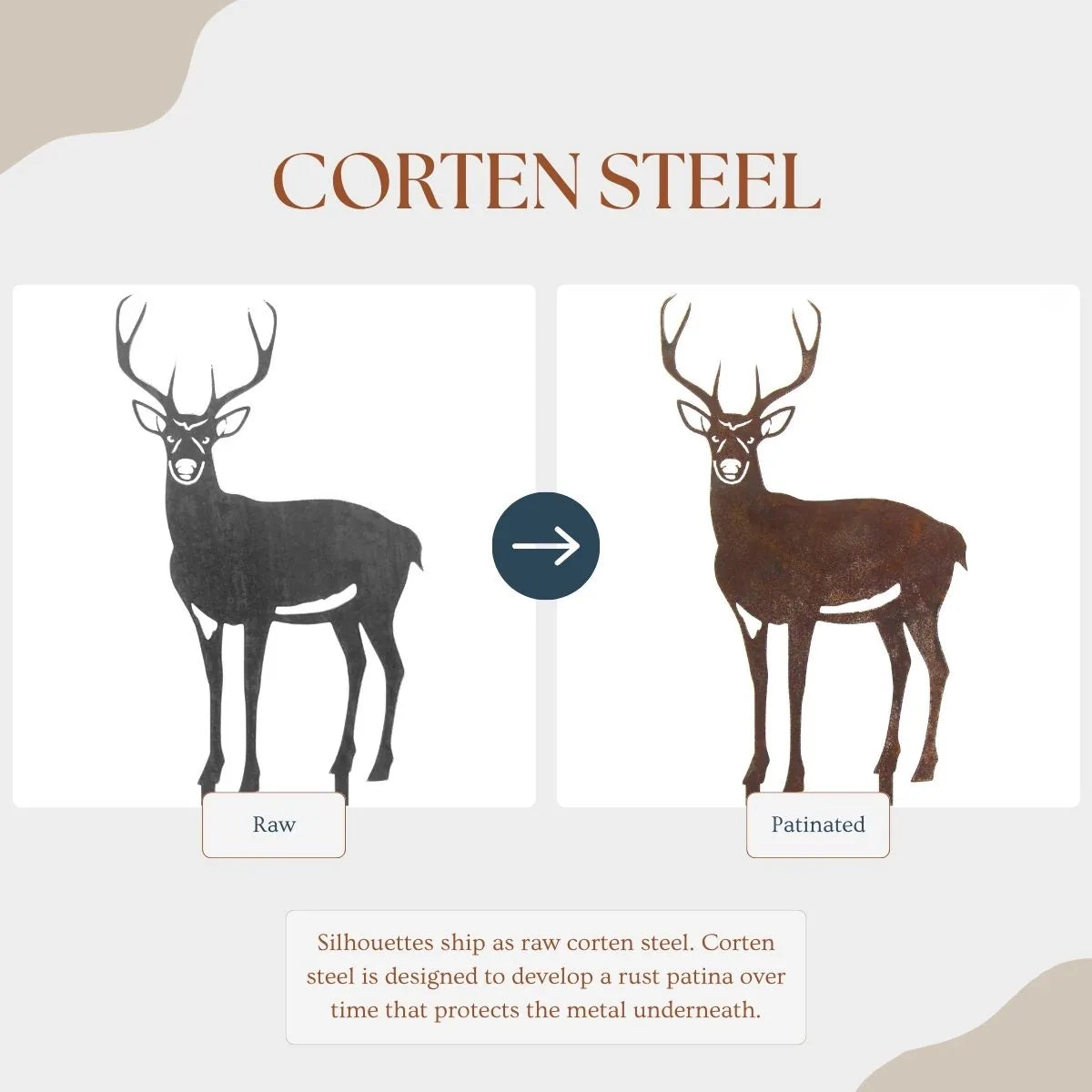 Deer silhouette on left in matte black and right in rust patina, showcasing Corten steel's transformation over time.
