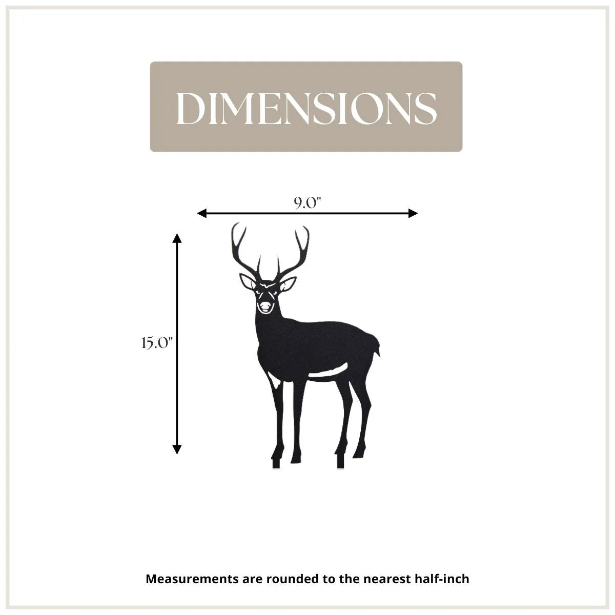 Metal silhouette of a buck deer in black, featuring dimensions of 15" high and 9" wide for outdoor decor.