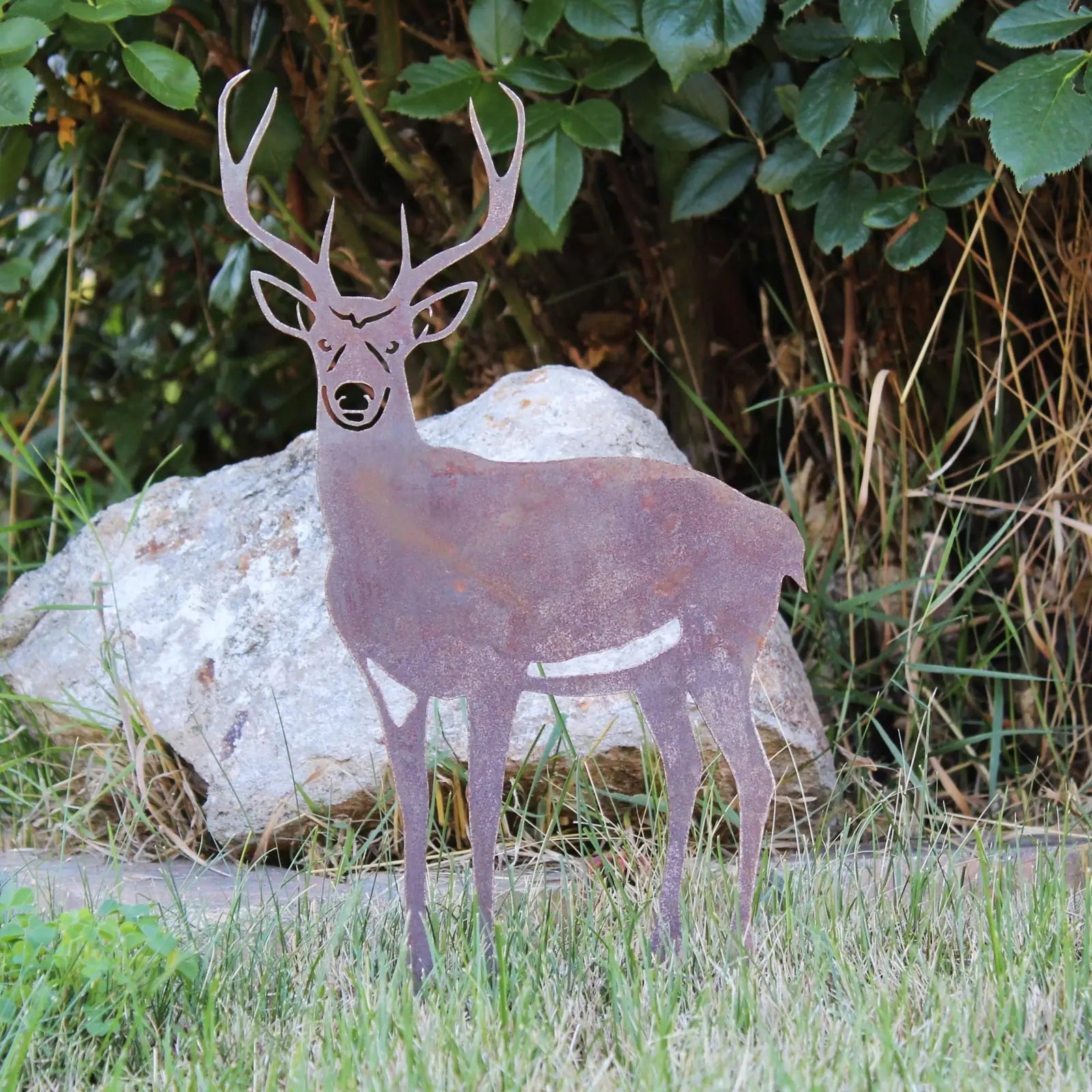 Rustic deer buck silhouette made of weathering Corten steel, featuring intricate antlers and a brown patina in garden sett...