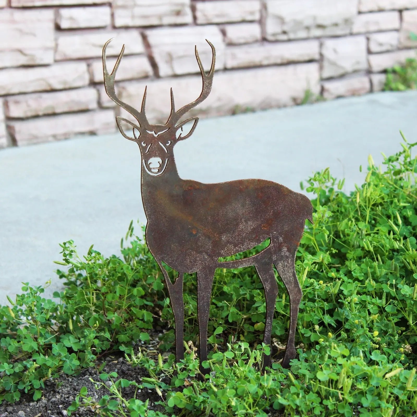 Rustic Corten steel deer silhouette standing among green ground cover, ideal for outdoor garden decor.