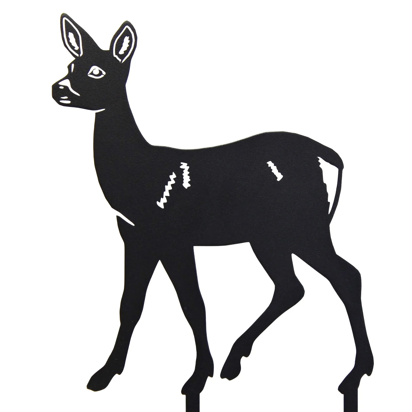 Black metal silhouette of a doe with detailed features, designed for outdoor display and easy installation.