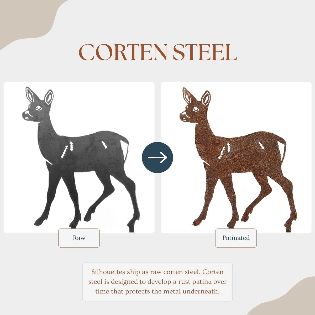 Corten steel deer silhouette showing raw black finish on the left and patinated rust color on the right.