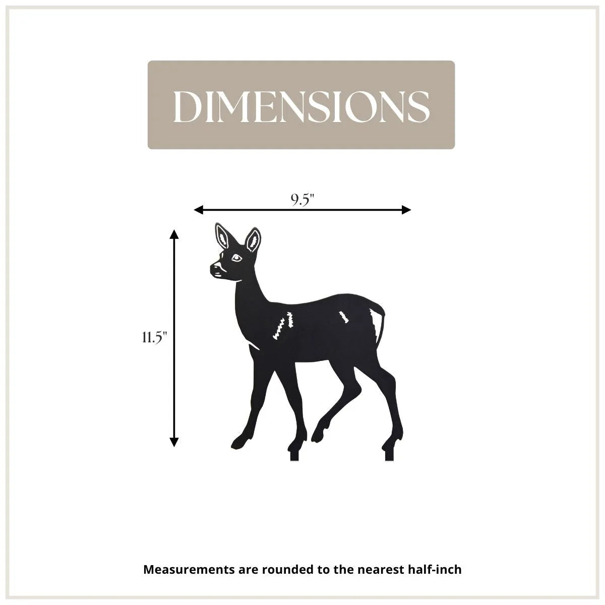 Silhouette of a black deer doe measuring 11.5" tall by 9.5" wide, with clear dimensions displayed.