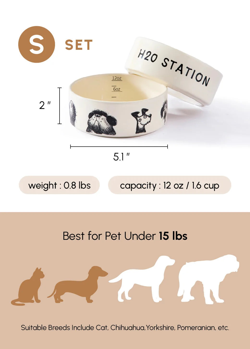 Ceramic pet bowl set featuring playful animal designs, 12 oz capacity, non-slip base, and dishwasher safe.