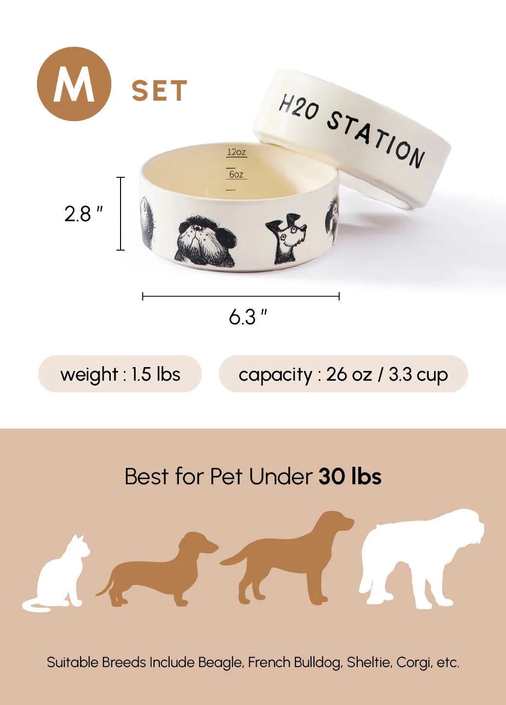 Ceramic pet bowl with playful dog illustrations, non-slip base, 26 oz capacity, ideal for pets under 30 lbs.