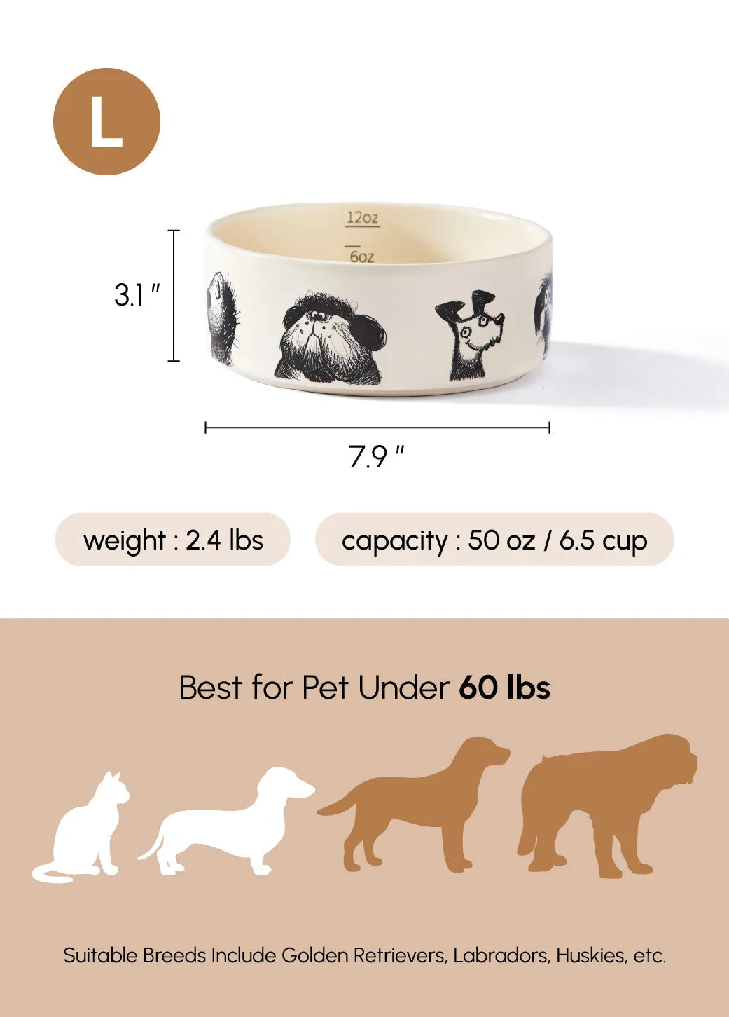 Durable ceramic DERPY BOWL in cream with playful dog illustrations, designed for pets under 60 lbs and featuring a non-sli...