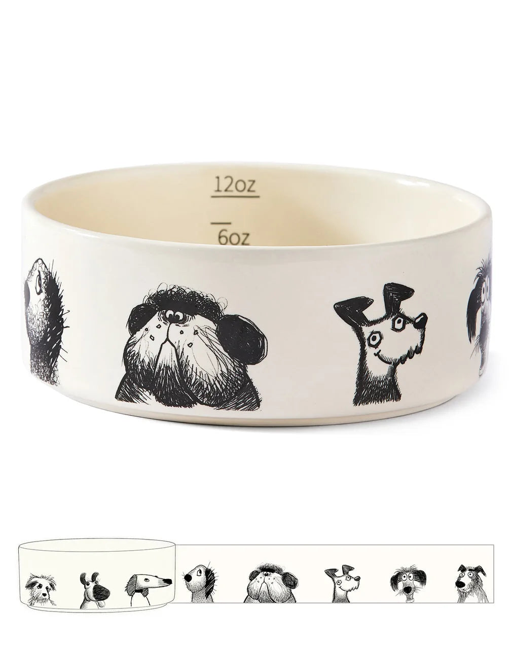 Ceramic pet bowl featuring playful dog illustrations, durable with a non-slip base, and available in multiple sizes.