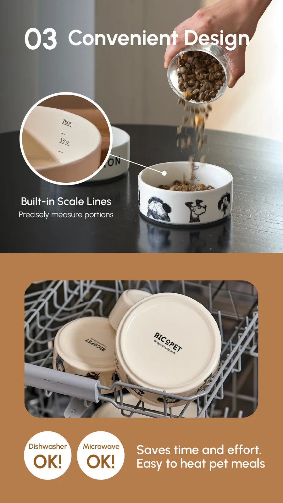 Ceramic pet bowl with playful prints and built-in scale lines for measuring portions, featuring a non-slip base.