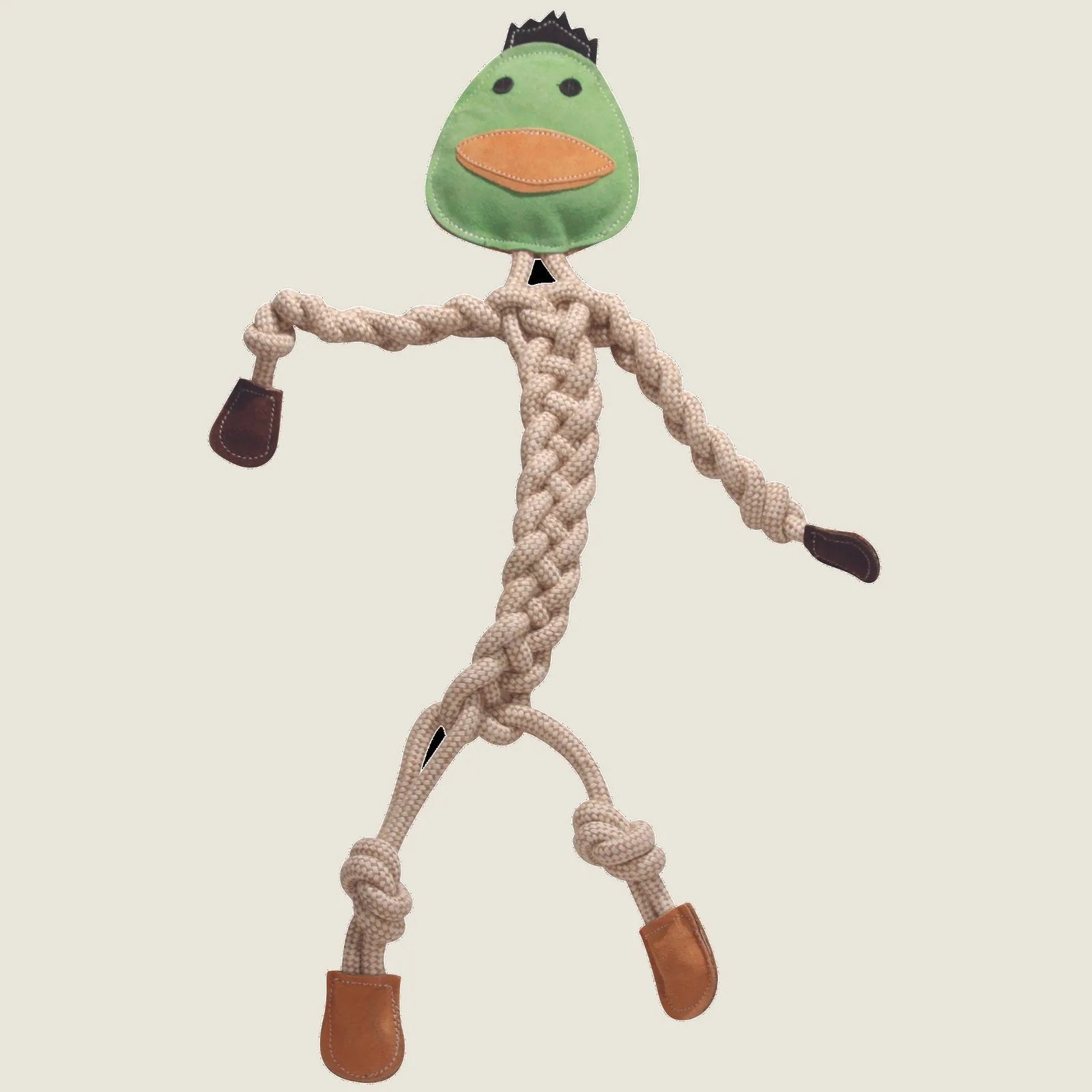 Dilly Duck Rope Knottie® dog toy with a green plush head and durable twisted natural cotton rope features soft leather acc...