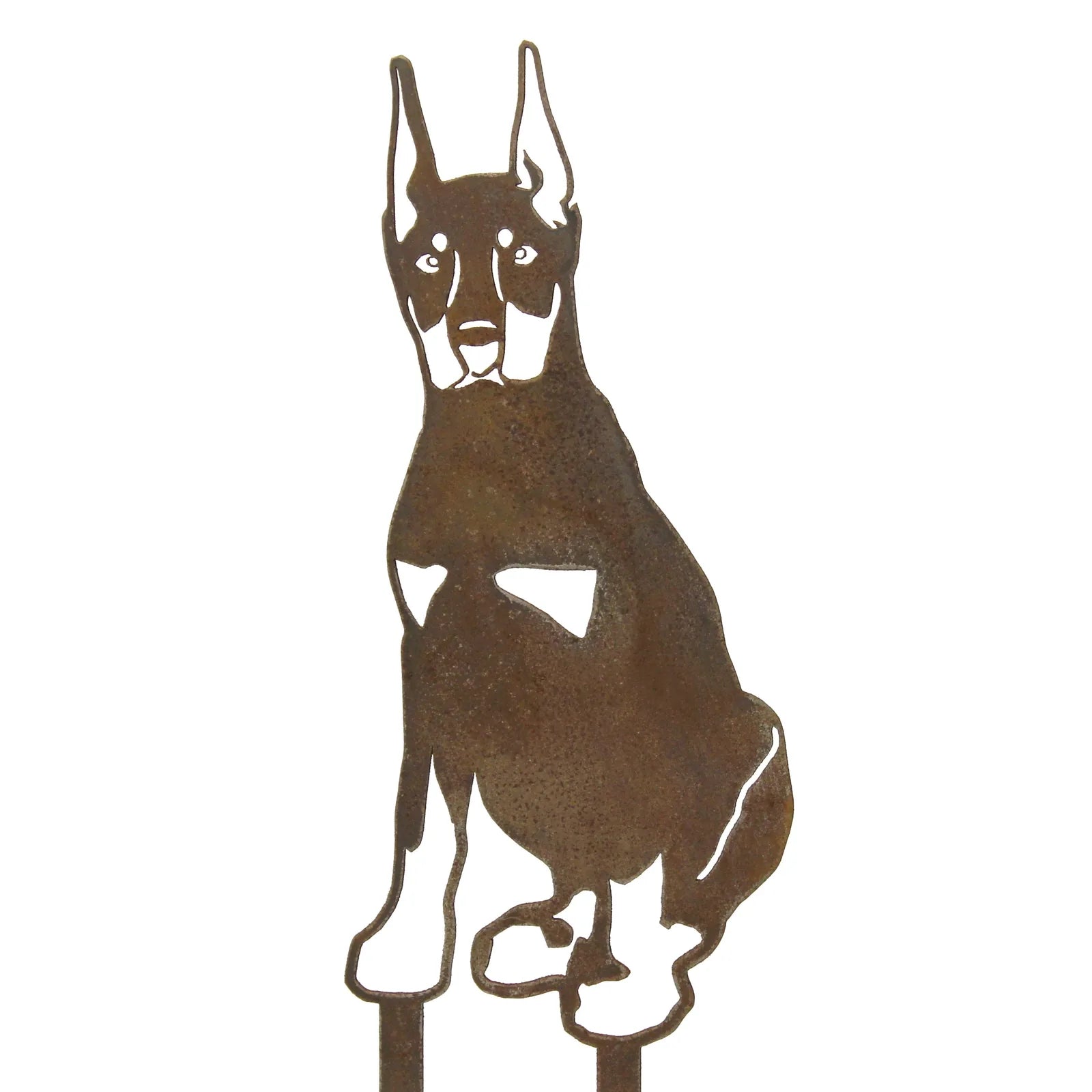 Corten steel Doberman Pinscher silhouette art with cropped ears, perfect for outdoor dog decor.