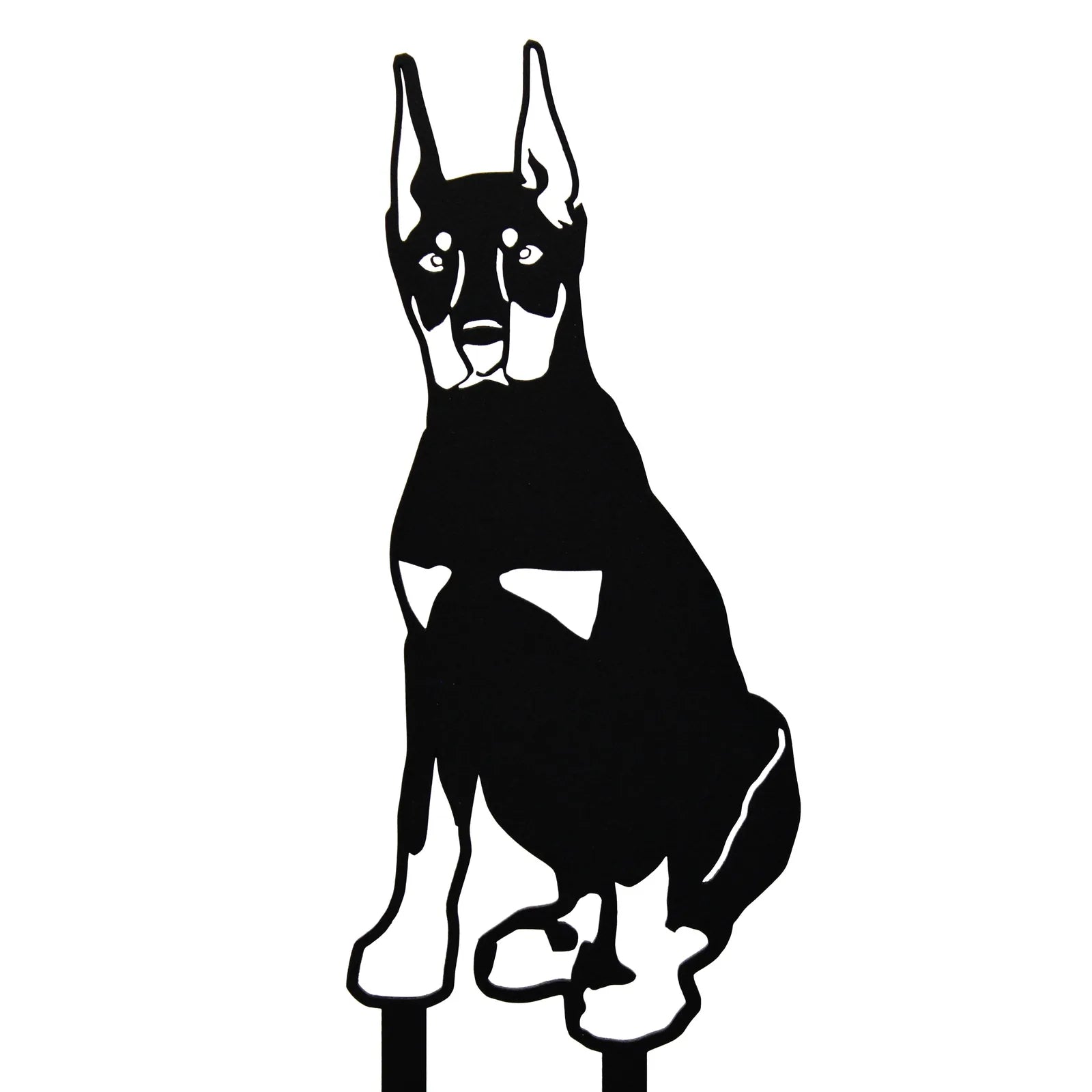 Black metal silhouette of a Doberman Pinscher seated, featuring cropped ears and detailed facial features.