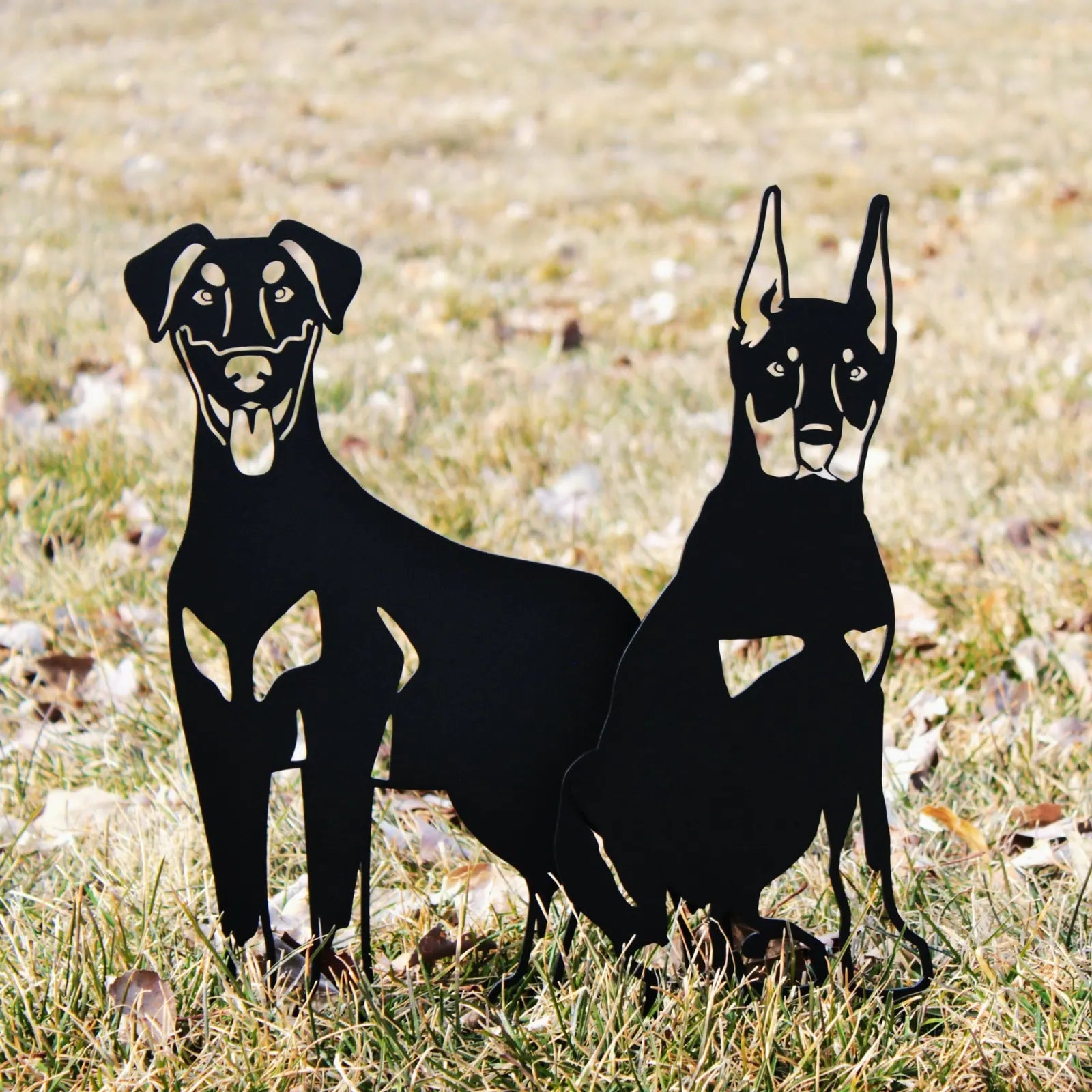 Black metal silhouettes of a Doberman and Labrador sit on grass, showcasing detailed features and a durable design.