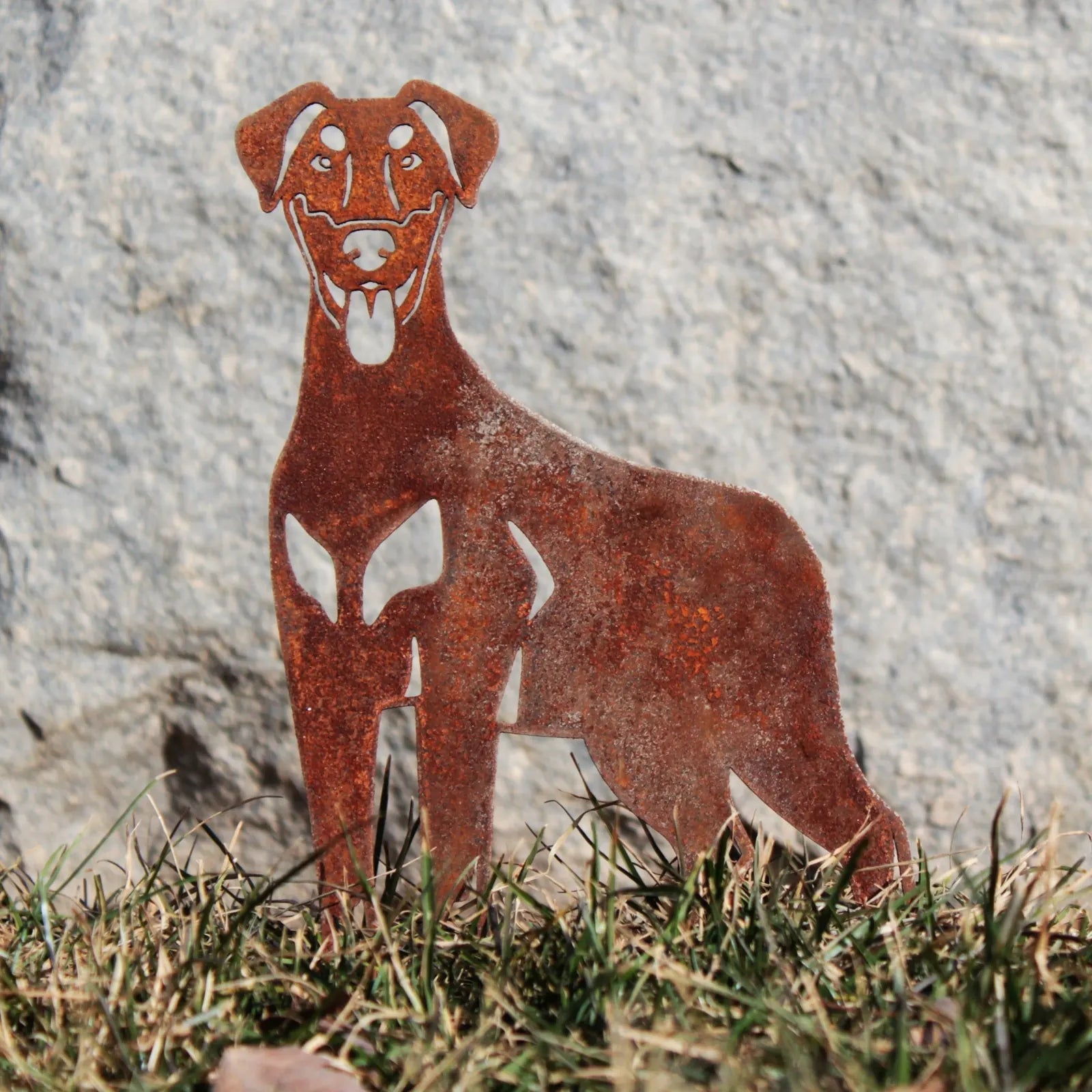 Rusty metal silhouette of a Doberman Pinscher standing on grass, showcasing natural ear design and handcrafted details.