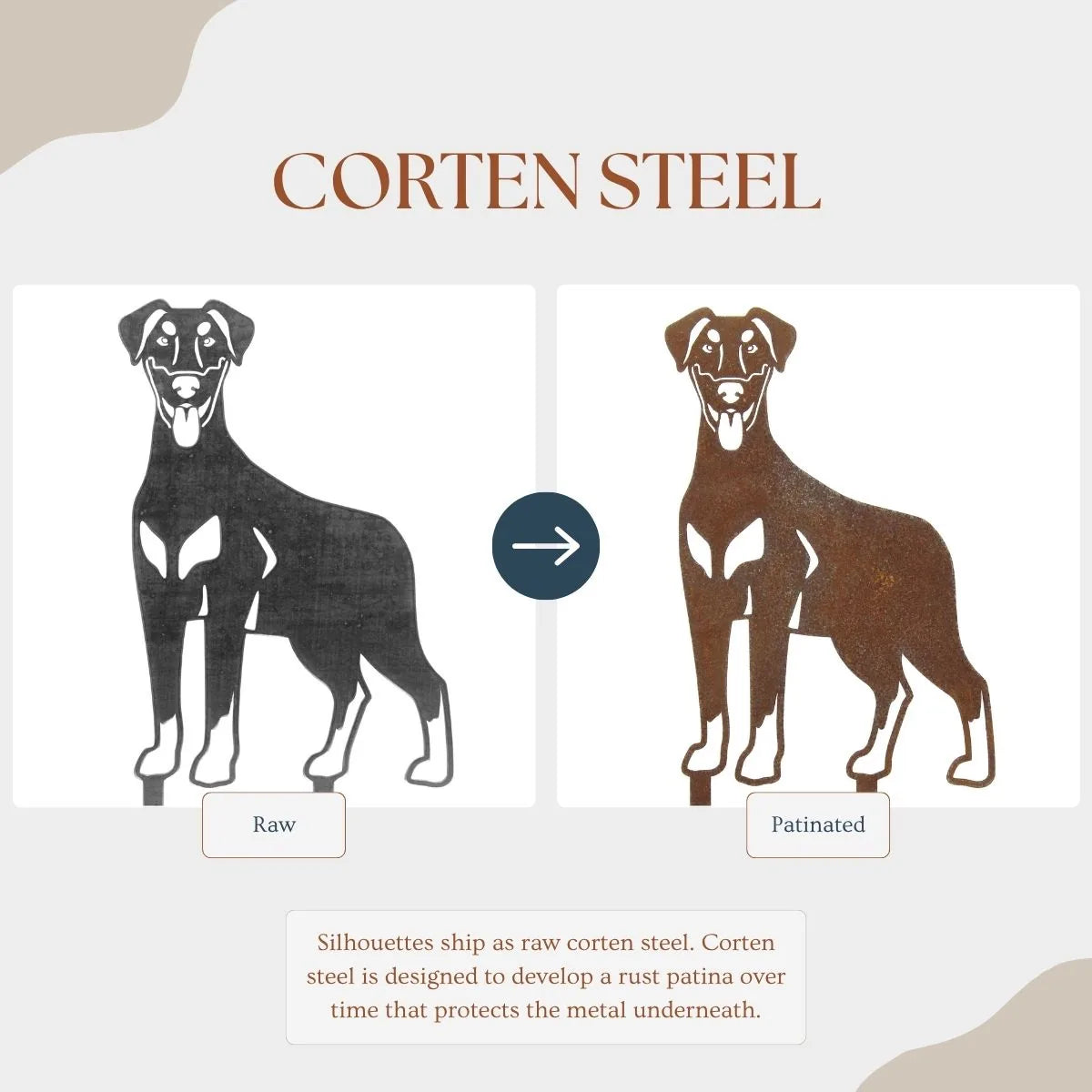 Doberman Pinscher silhouette showcasing raw corten steel on the left and patinated finish on the right, highlighting trans...