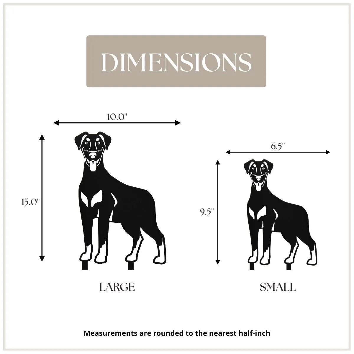 Doberman Pinscher metal silhouette dimensions illustration, showcasing large (15") and small (9.5") size options.