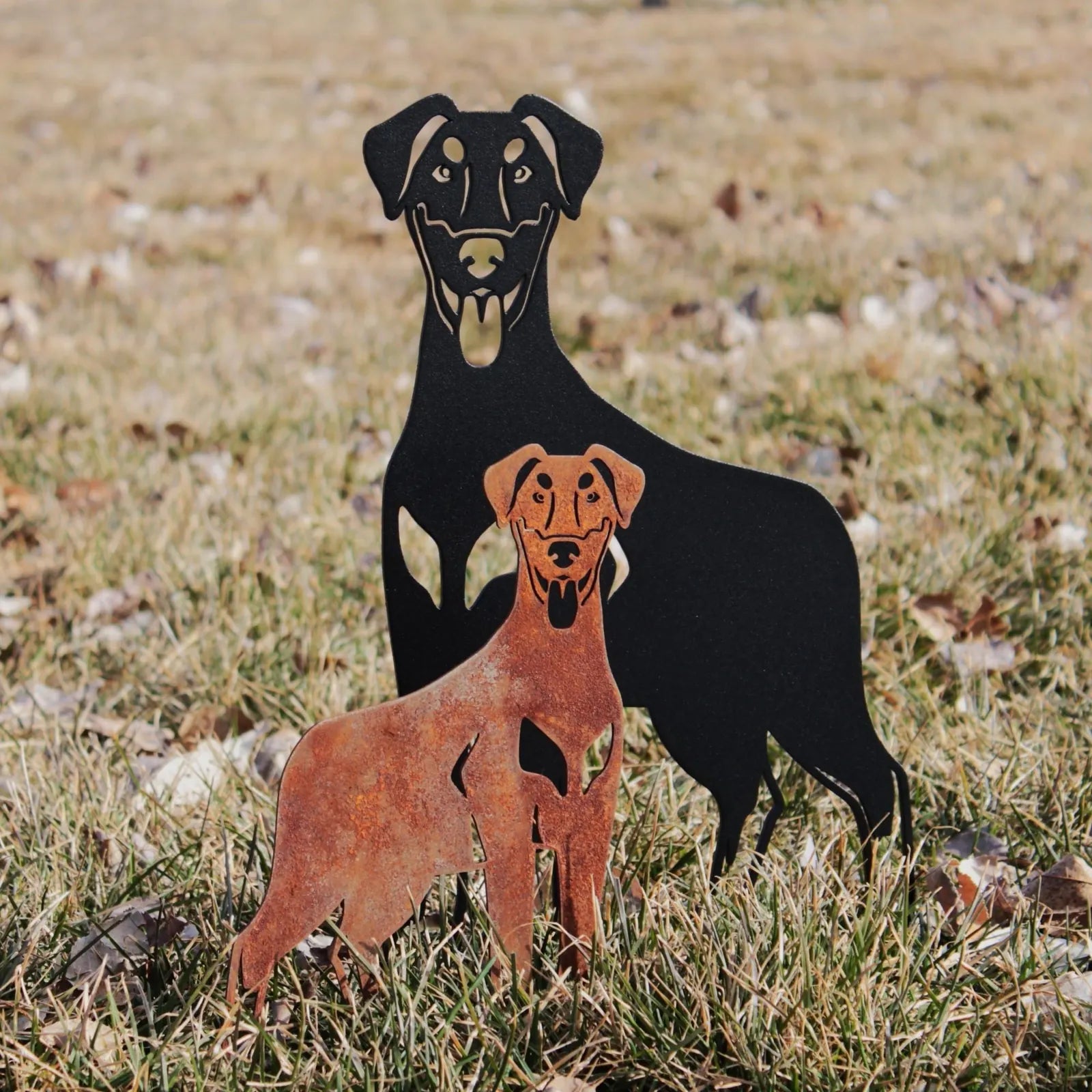 Doberman Pinscher metal silhouettes in black and rust finish, showcased on grassy outdoor decor.