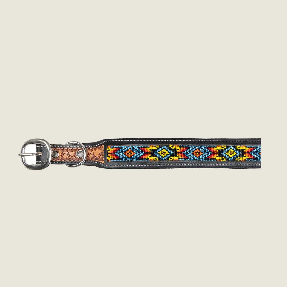 Vibrant tribal-patterned beaded dog collar with leather backing and metal buckle in shades of blue, red, and yellow.