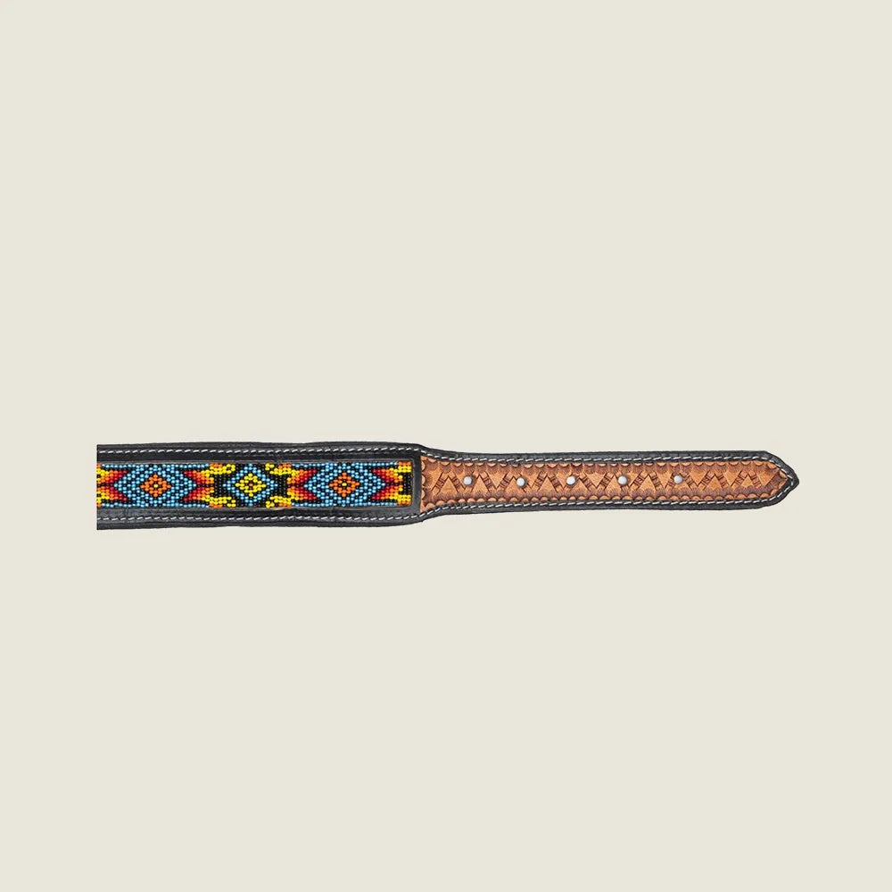 Hand-beaded dog collar featuring vibrant tribal patterns on leather, perfect for stylish pet accessorizing.