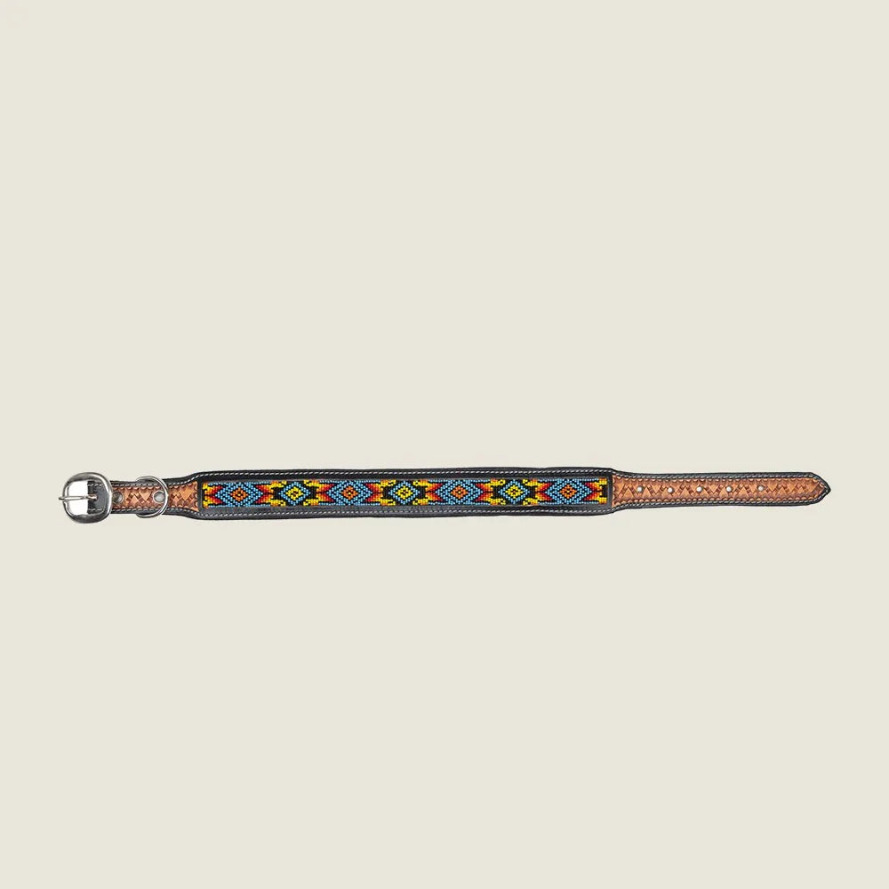 Hand-beaded dog collar in vibrant tribal patterns with a leather base, featuring colorful beads and durable iron accents.