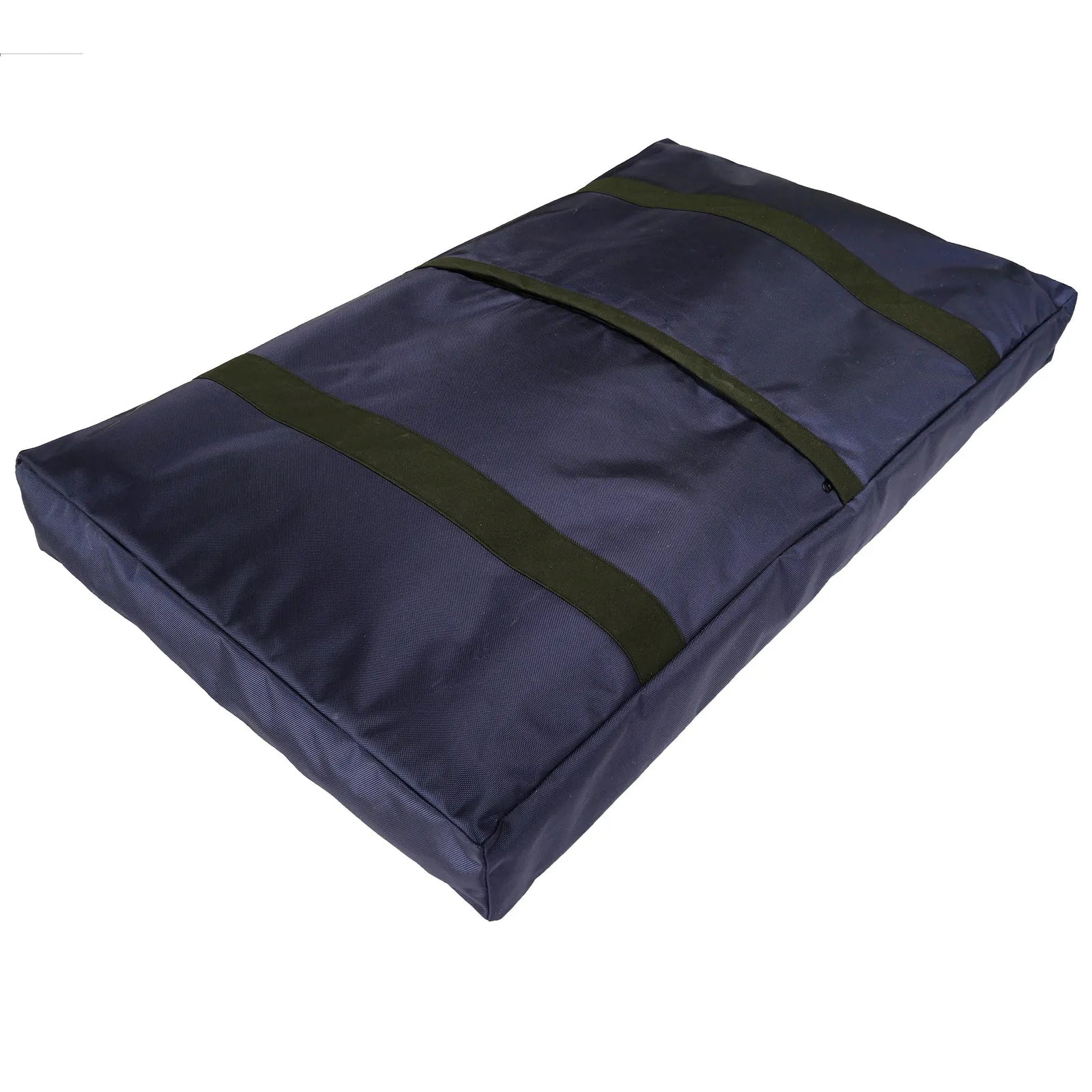 Durable orthopedic dog bed in midnight blue with olive green straps, featuring a rugged nylon cover and a supportive inner...