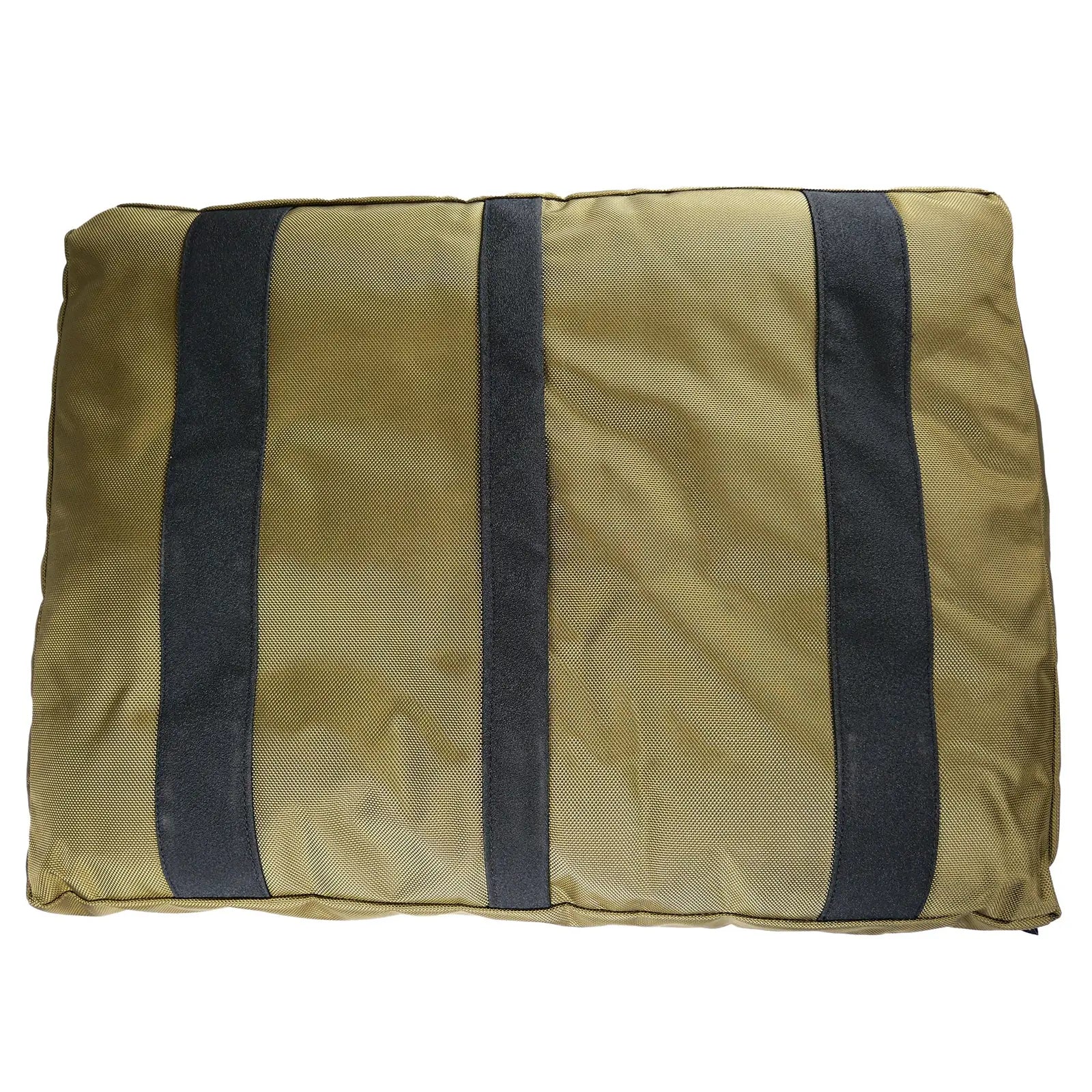 Durable orthopedic dog bed in olive with black stripes, featuring rugged nylon fabric and a soft padded surface.