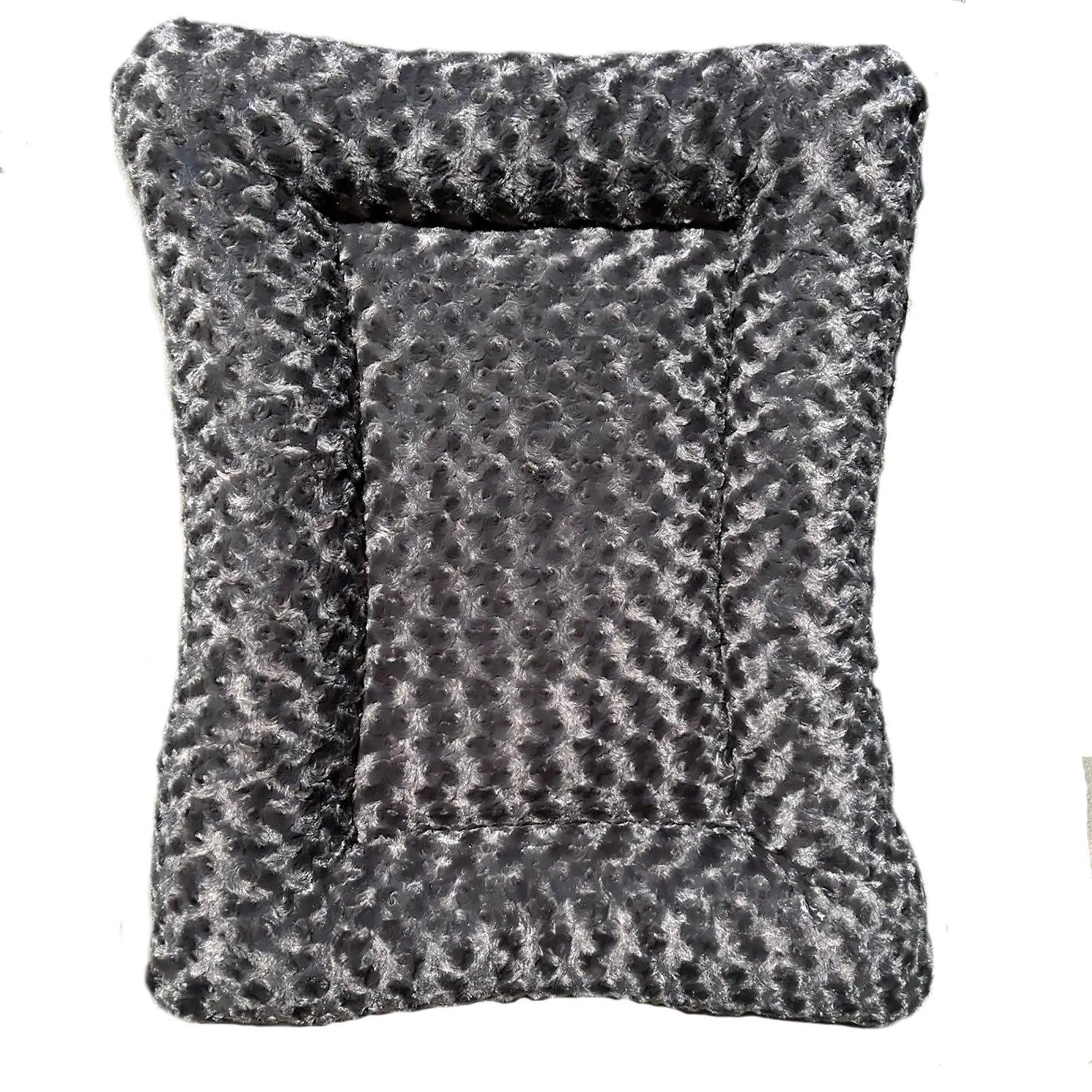 Rectangle bolstered dog bed in charcoal gray, featuring a soft, textured Minky Rose Fleece for comfort.