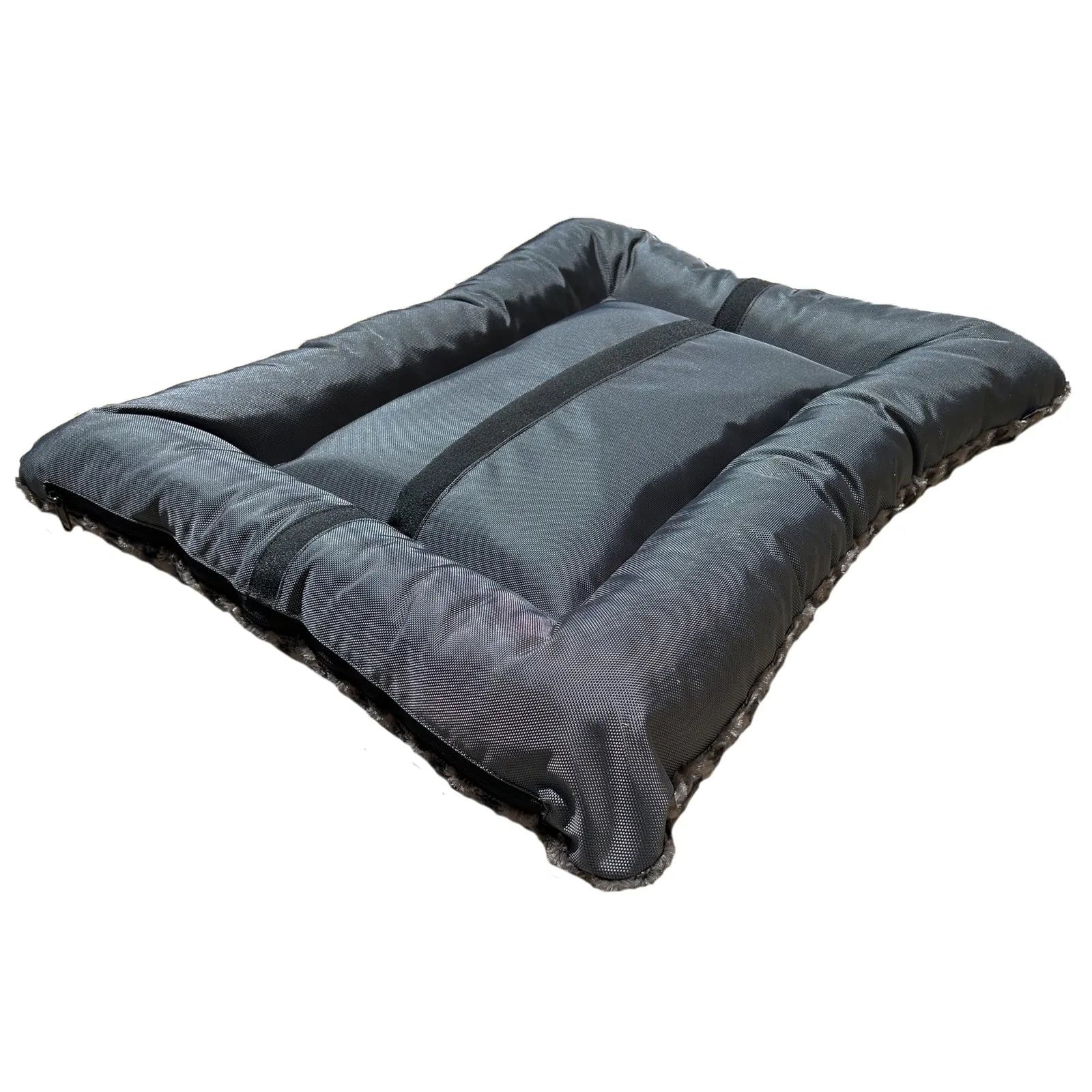 Rectangle bolstered dog bed in charcoal, featuring a soft fleece surface and durable nylon bottom for stability.