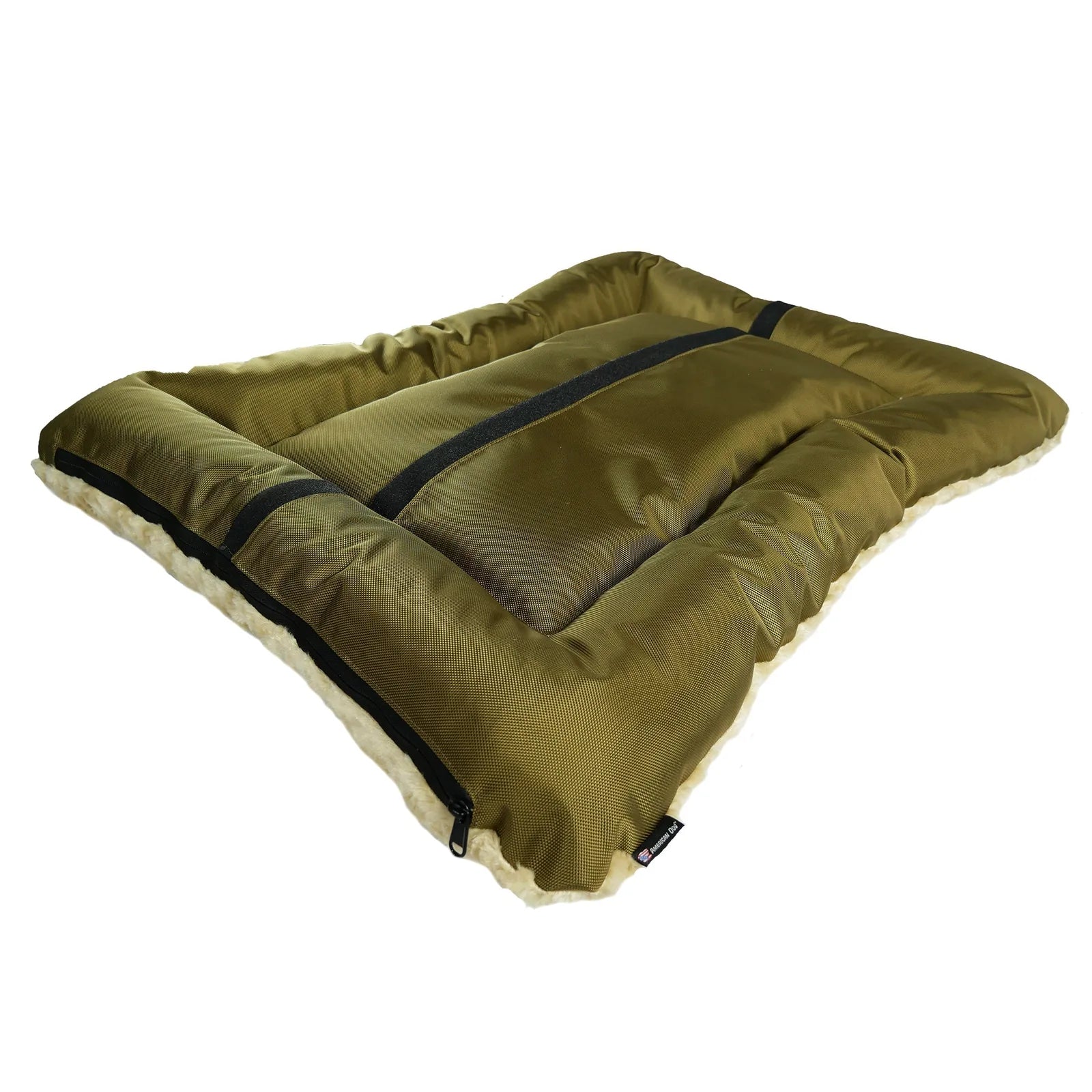 Rectangle bolstered dog bed in olive green with soft fleece edges and durable fabric, perfect for cozy pet lounging.