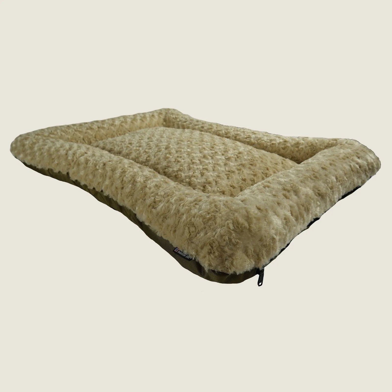 Rectangle bolstered dog bed in soft beige Minky Rose Fleece with a cozy, nest-like design, suitable for various dog breeds.