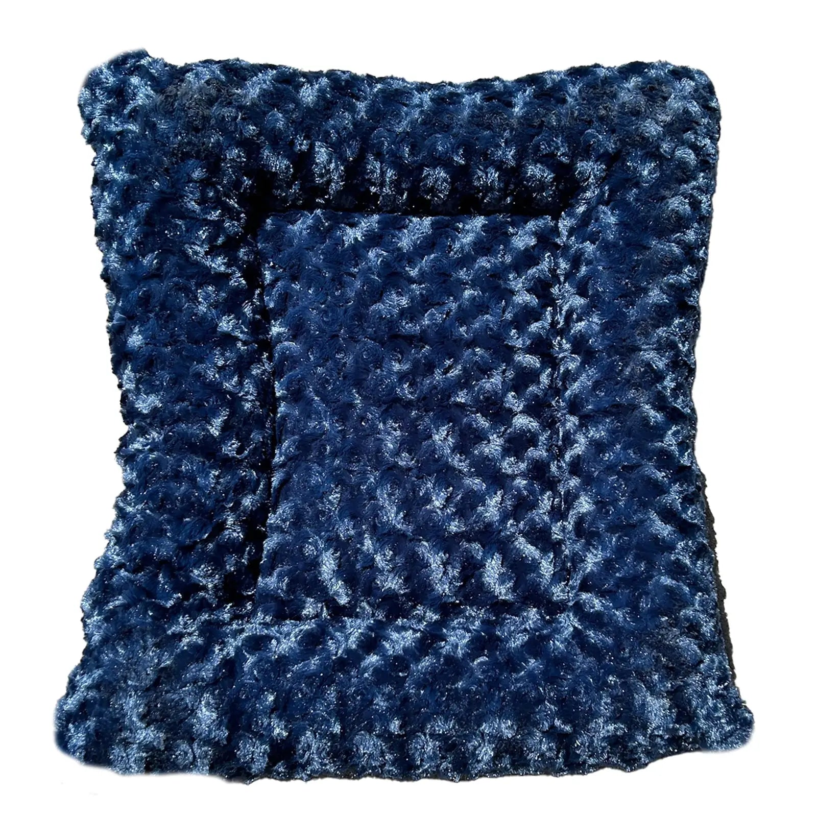 Soft, bolstered dog bed in rich midnight blue Minky Rose Fleece, featuring a textured, cloud-like design for comfort.