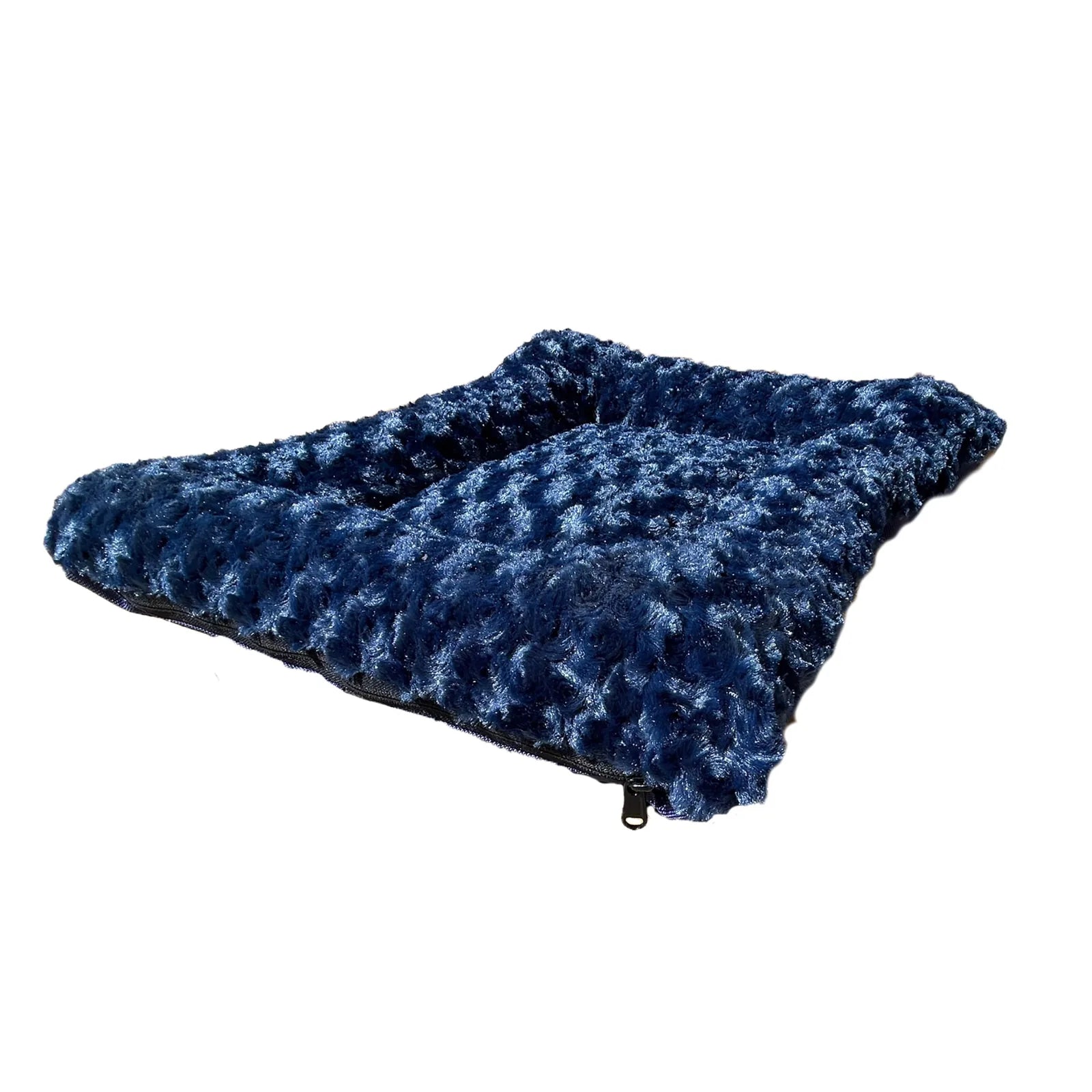 Rectangle bolstered dog bed in deep navy blue Minky Rose Fleece, featuring a plush, textured surface for comfort.