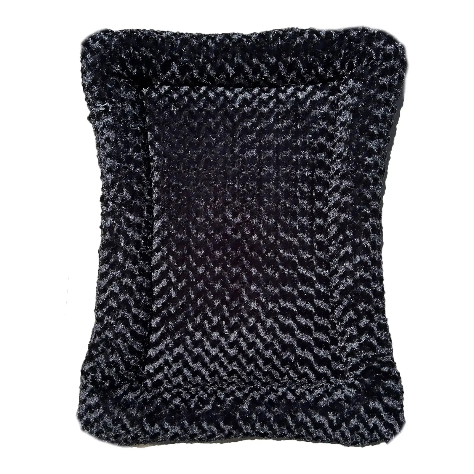 Cozy rectangle bolstered dog bed in soft black Minky Rose Fleece, featuring a textured curly-pile design.