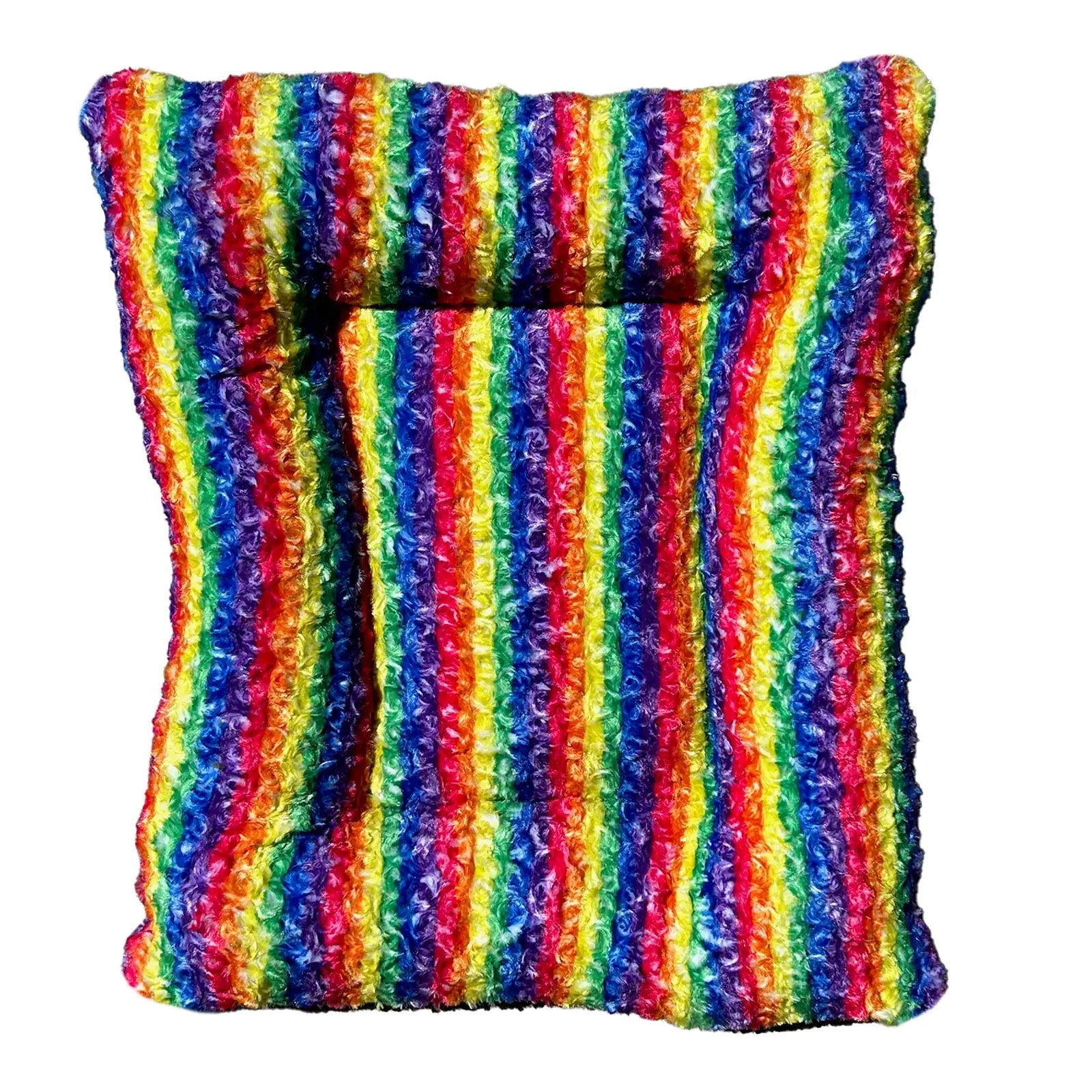 Colorful rainbow-striped rectangle bolstered dog bed featuring soft Minky Rose Fleece for added comfort.