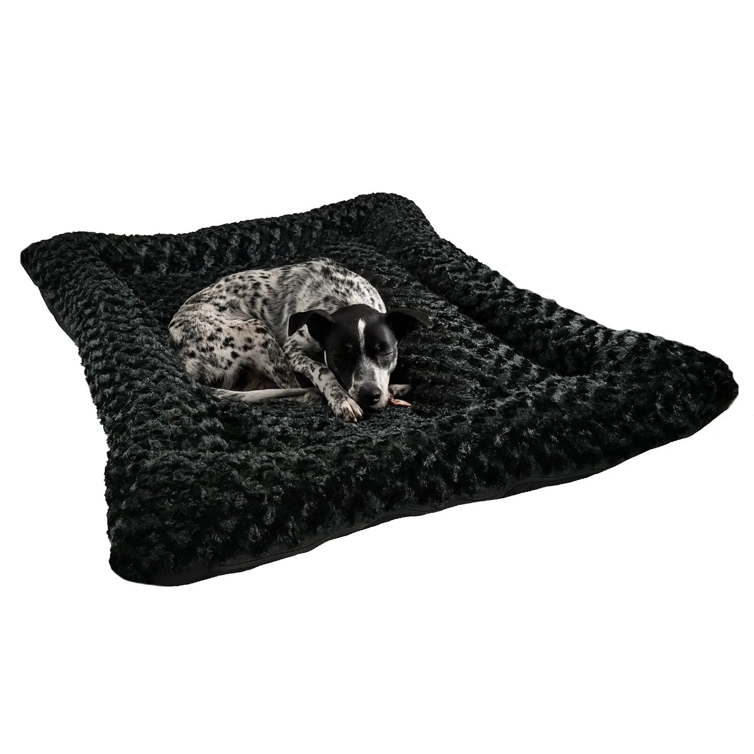 Rectangle bolstered black dog bed with textured Minky Rose Fleece and a resting dog, showcasing comfort and durability.